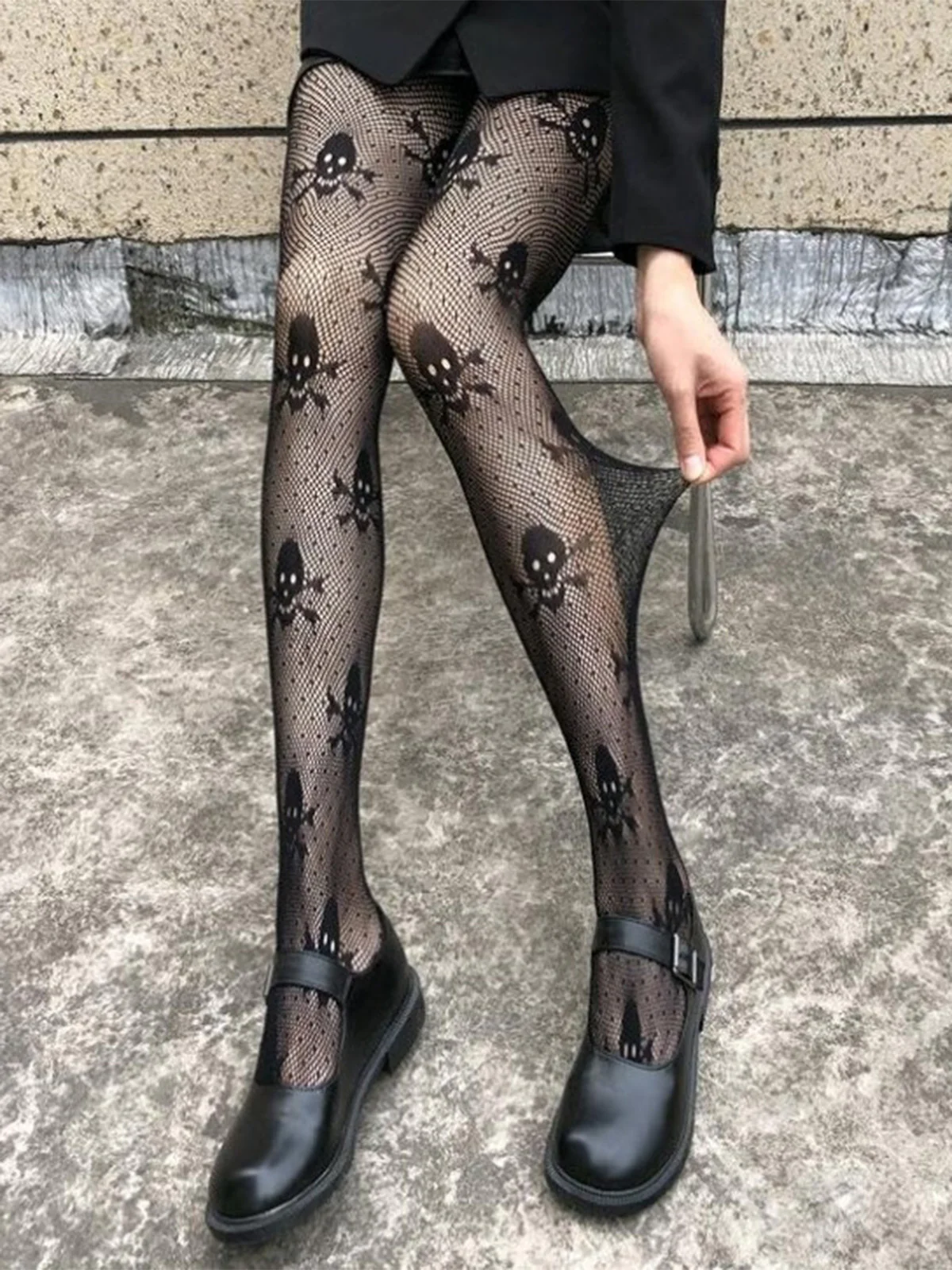 Black Gothic Skull Fishnet Tights - Image 4