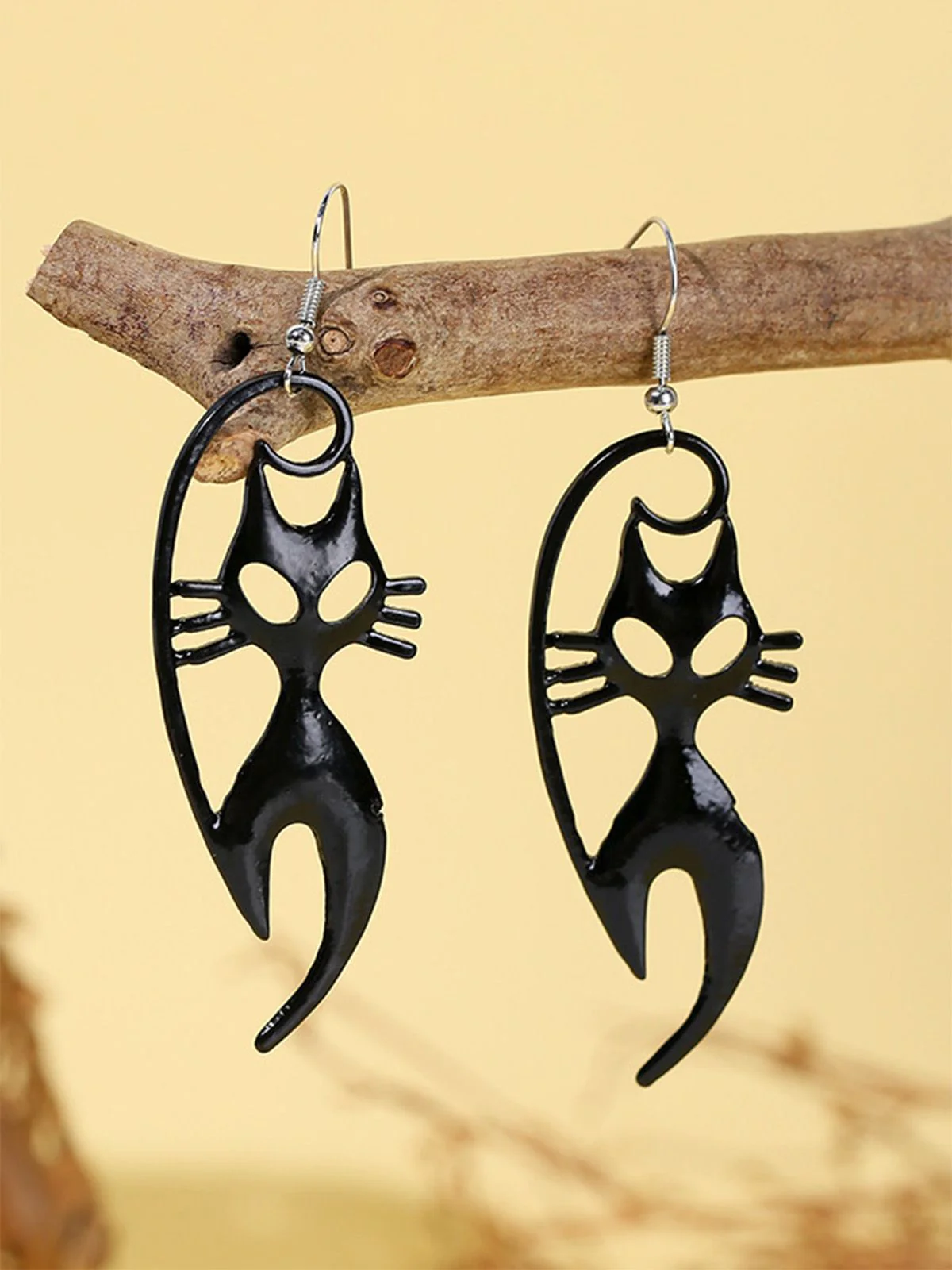 Black Halloween Cat Dangle Earrings - Image 2