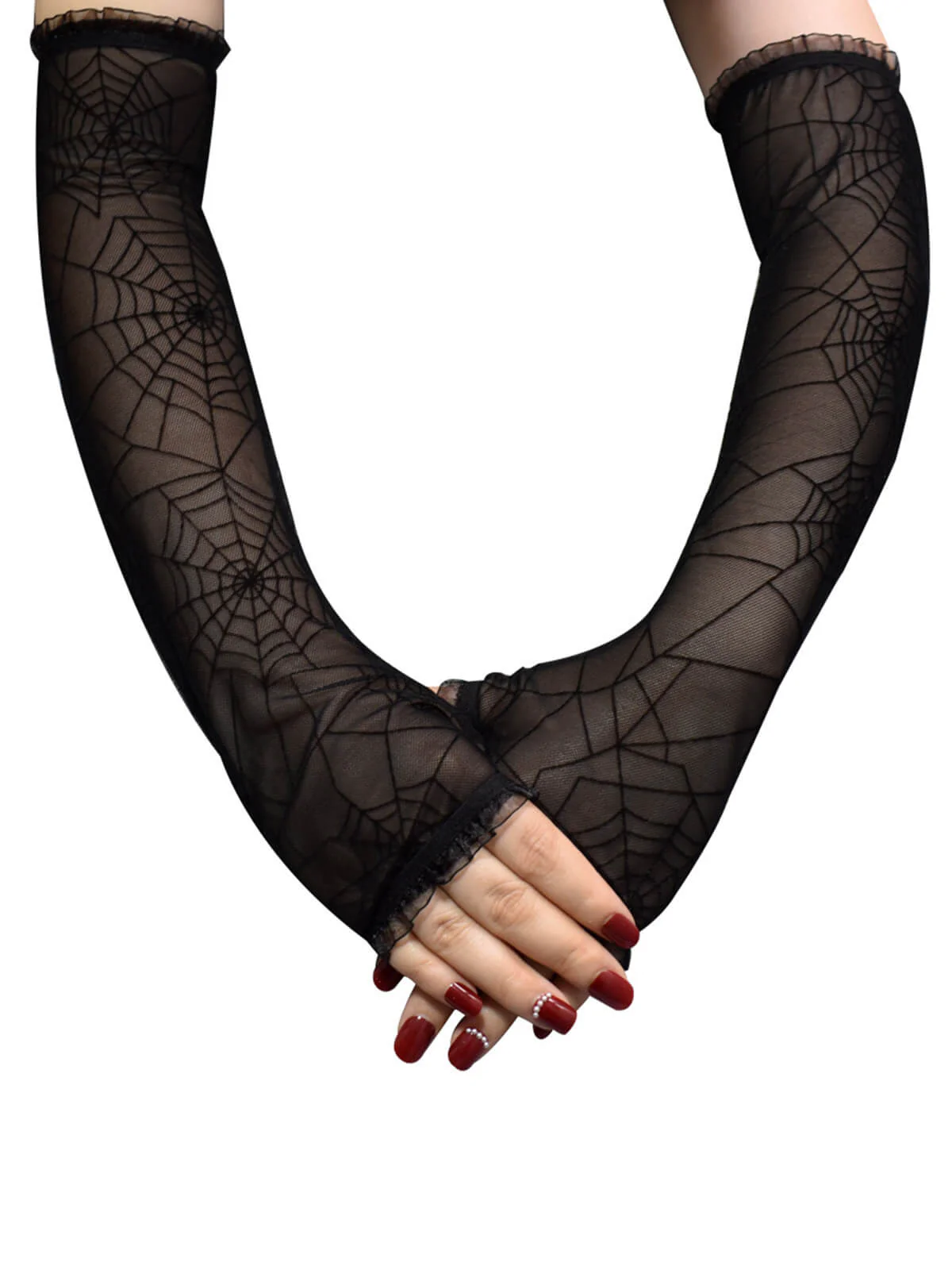 Black Halloween Spider Web Sheer Gloves - Image 3