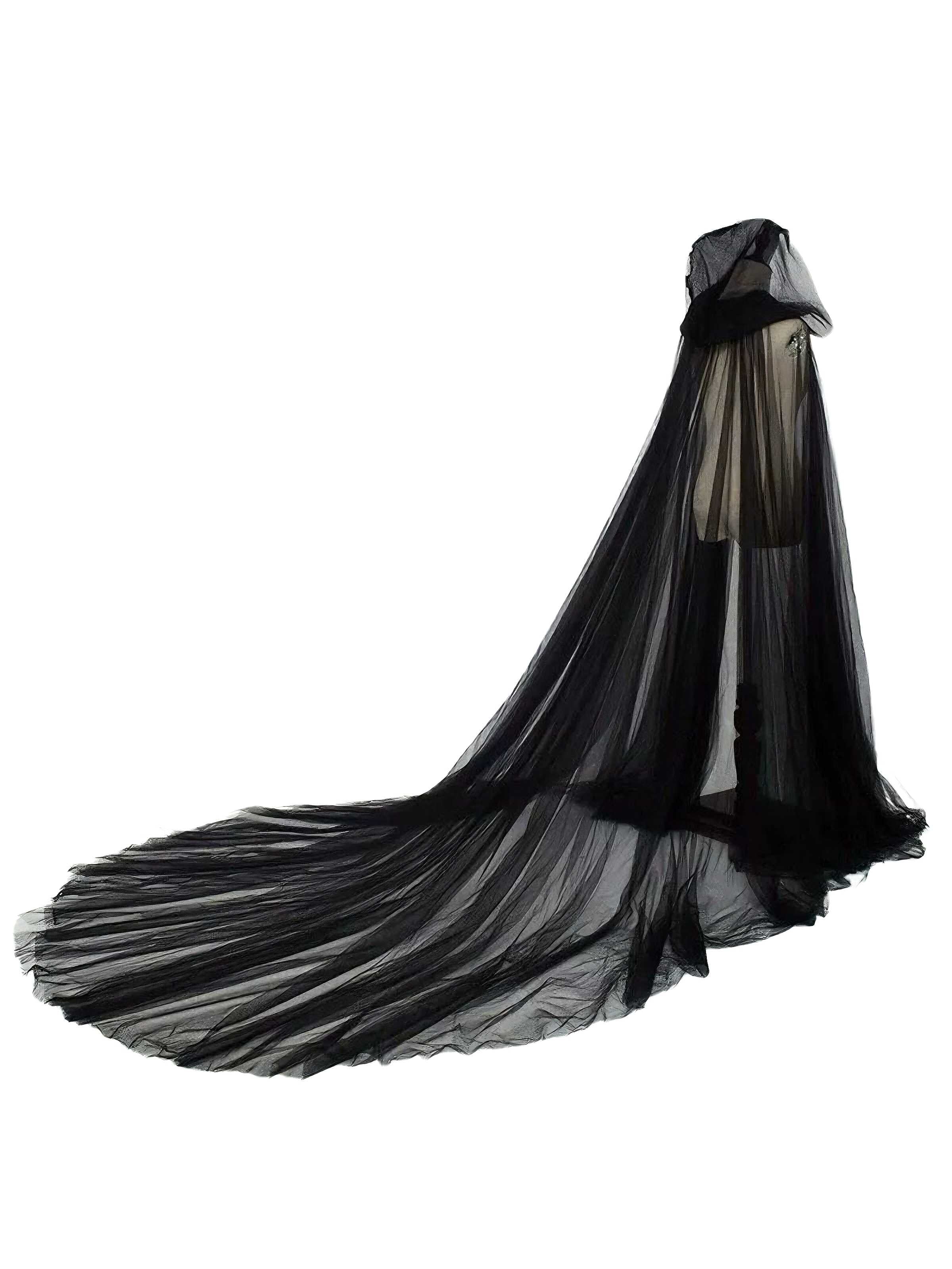 Black Halloween Vampire Bride Mesh Hooded Cape Cloak - Image 3