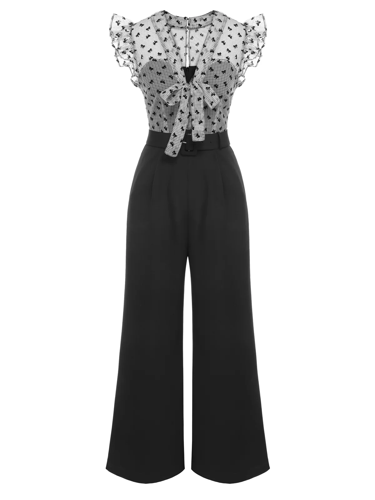 Black 1930s Mesh Bow-knot Patchwork Jumpsuit - Image 2