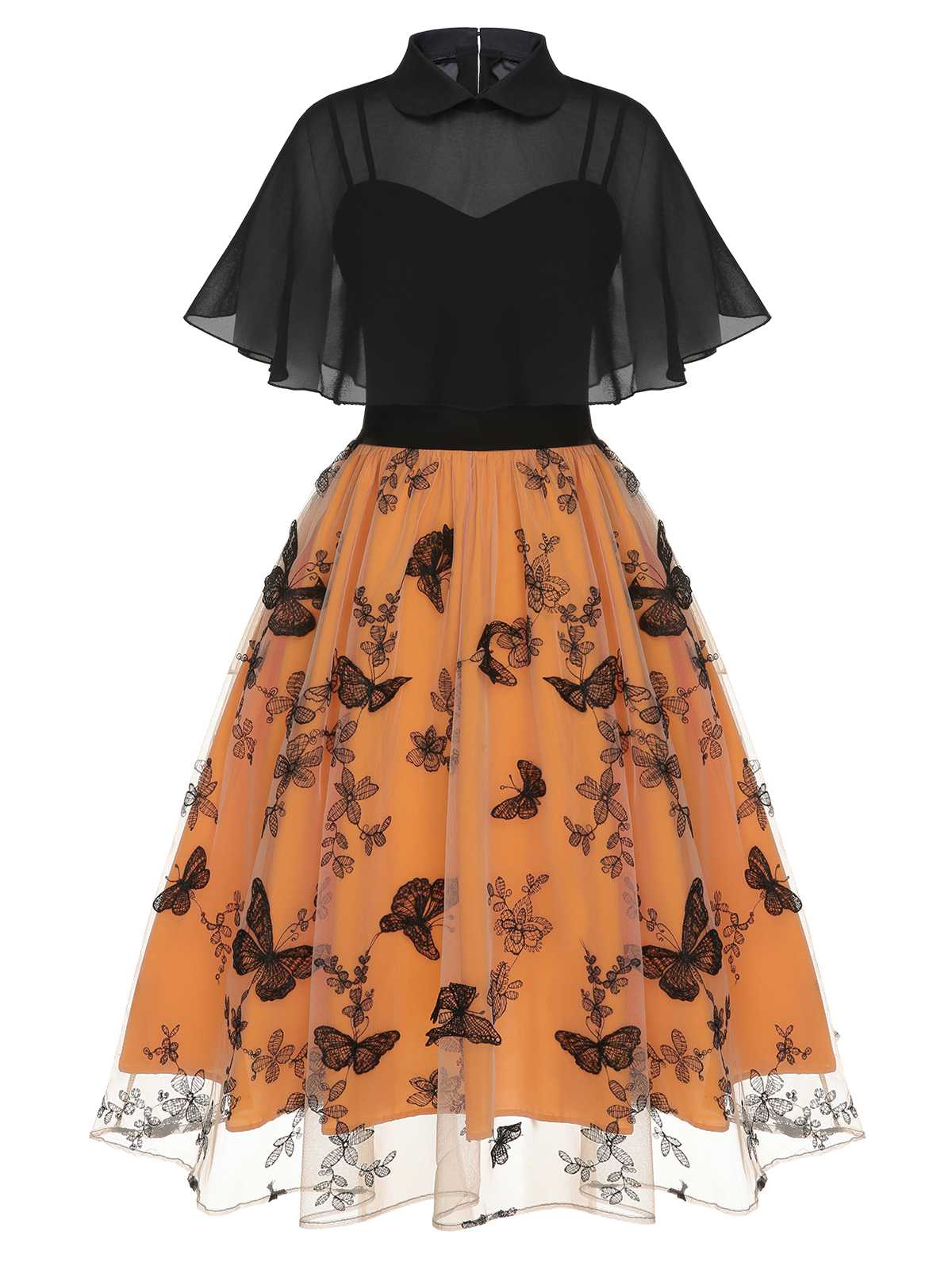 Black & Orange 1950s 3D Butterfly Cloak Dress - Image 2