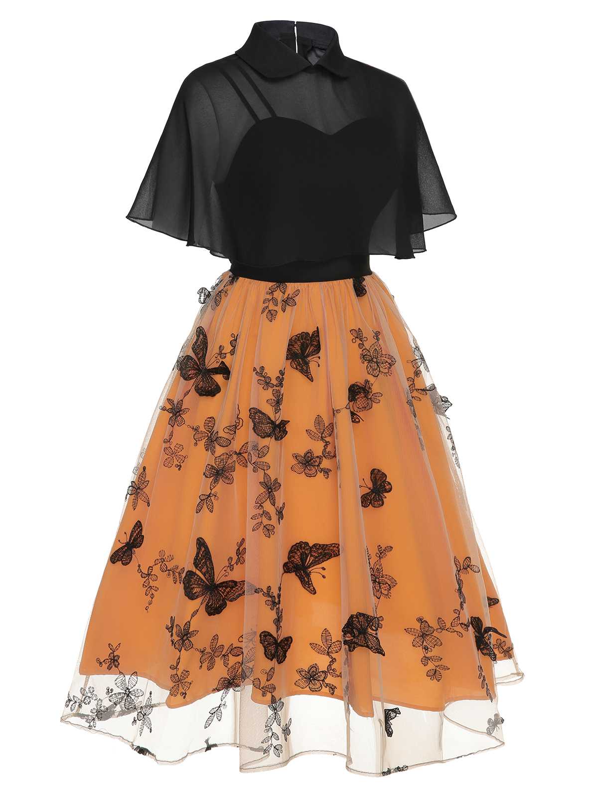 Black & Orange 1950s 3D Butterfly Cloak Dress - Image 3