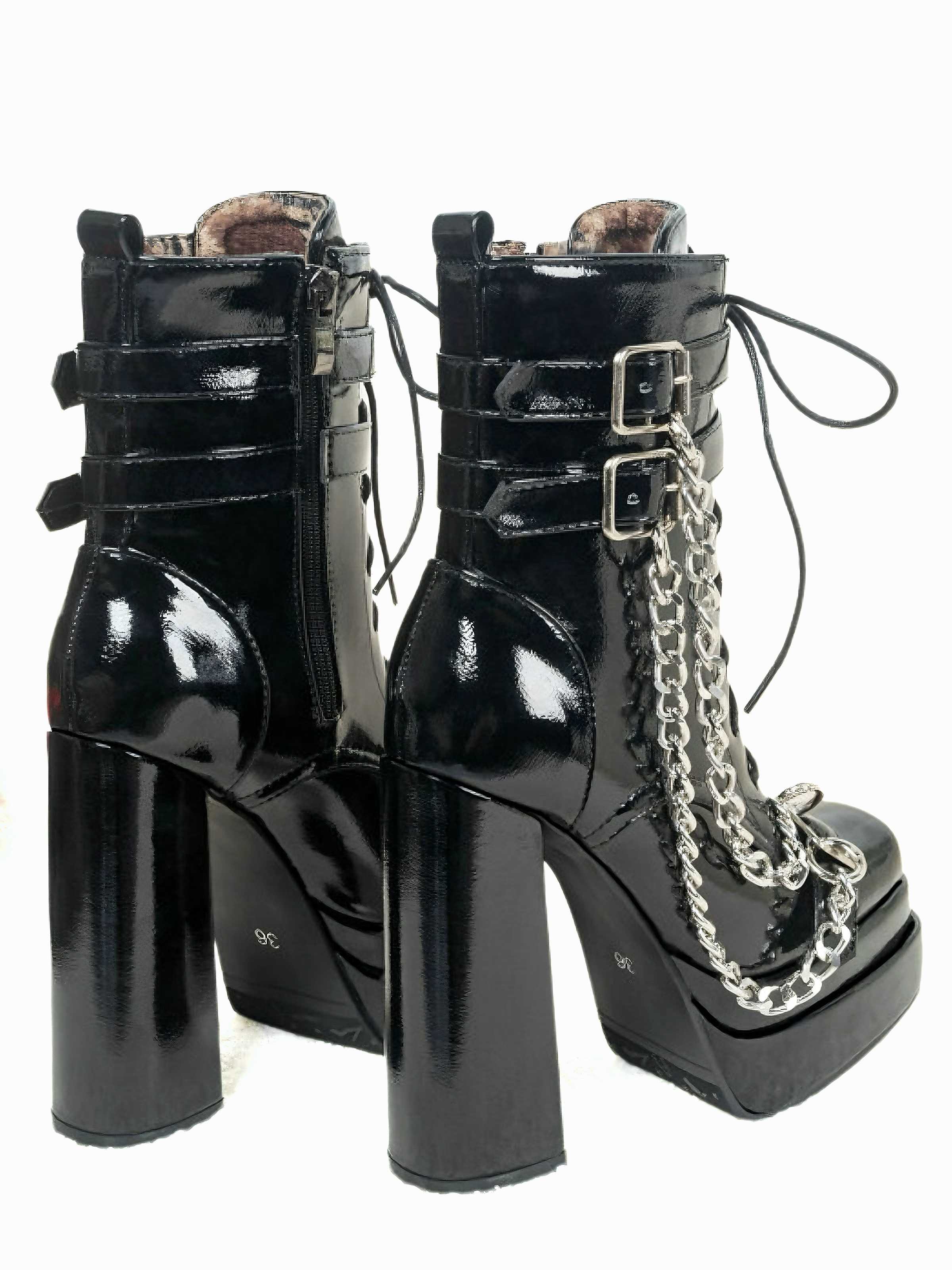 Black Patent Chains Gothic High Heels Boots - Image 2