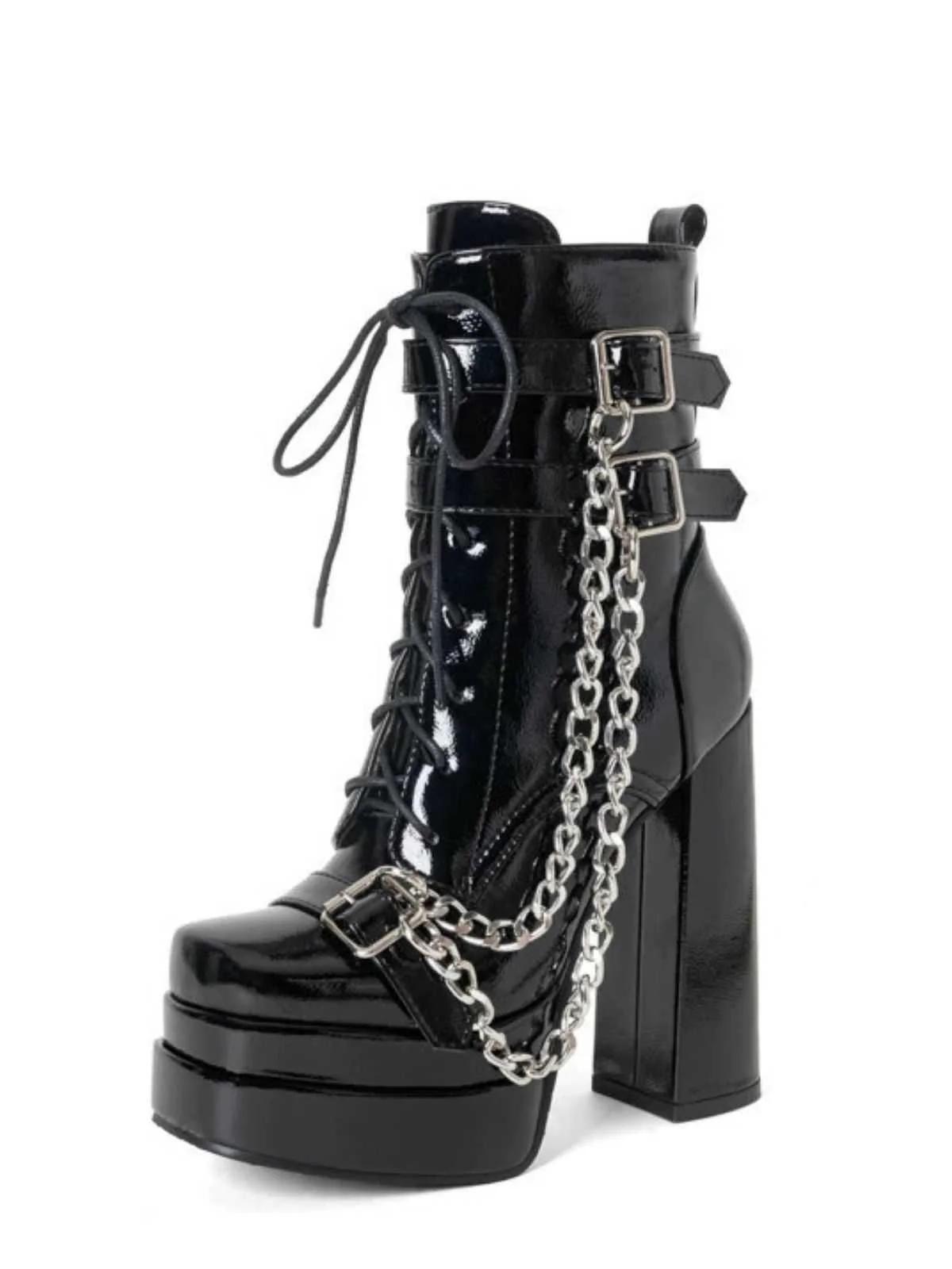 Black Patent Chains Gothic High Heels Boots - Image 4