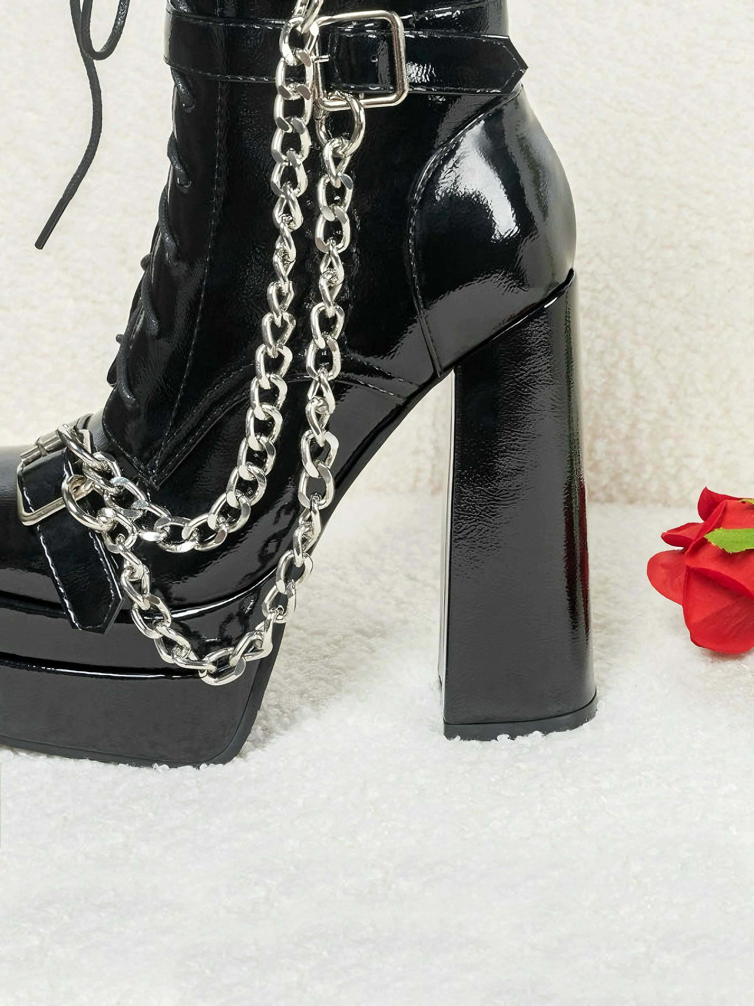 Black Patent Chains Gothic High Heels Boots - Image 5