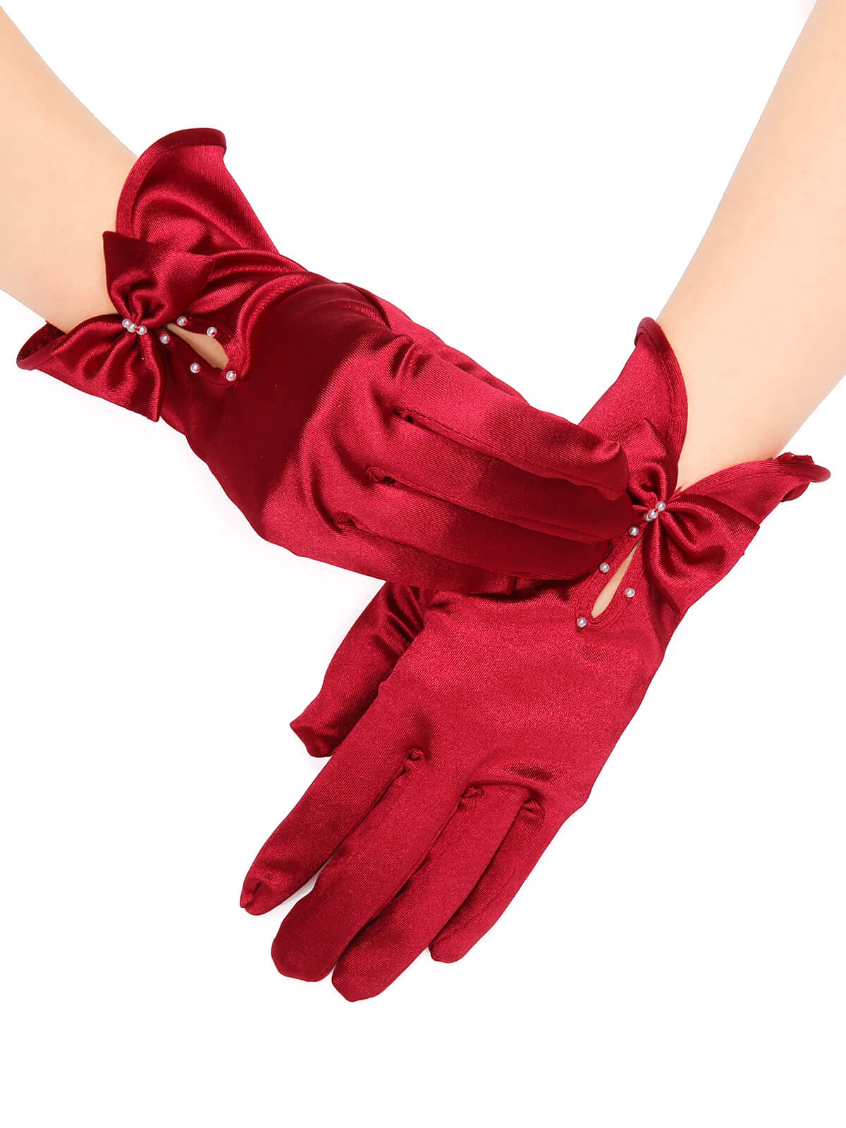 Black Pearl Bow Satin Gloves - Image 2