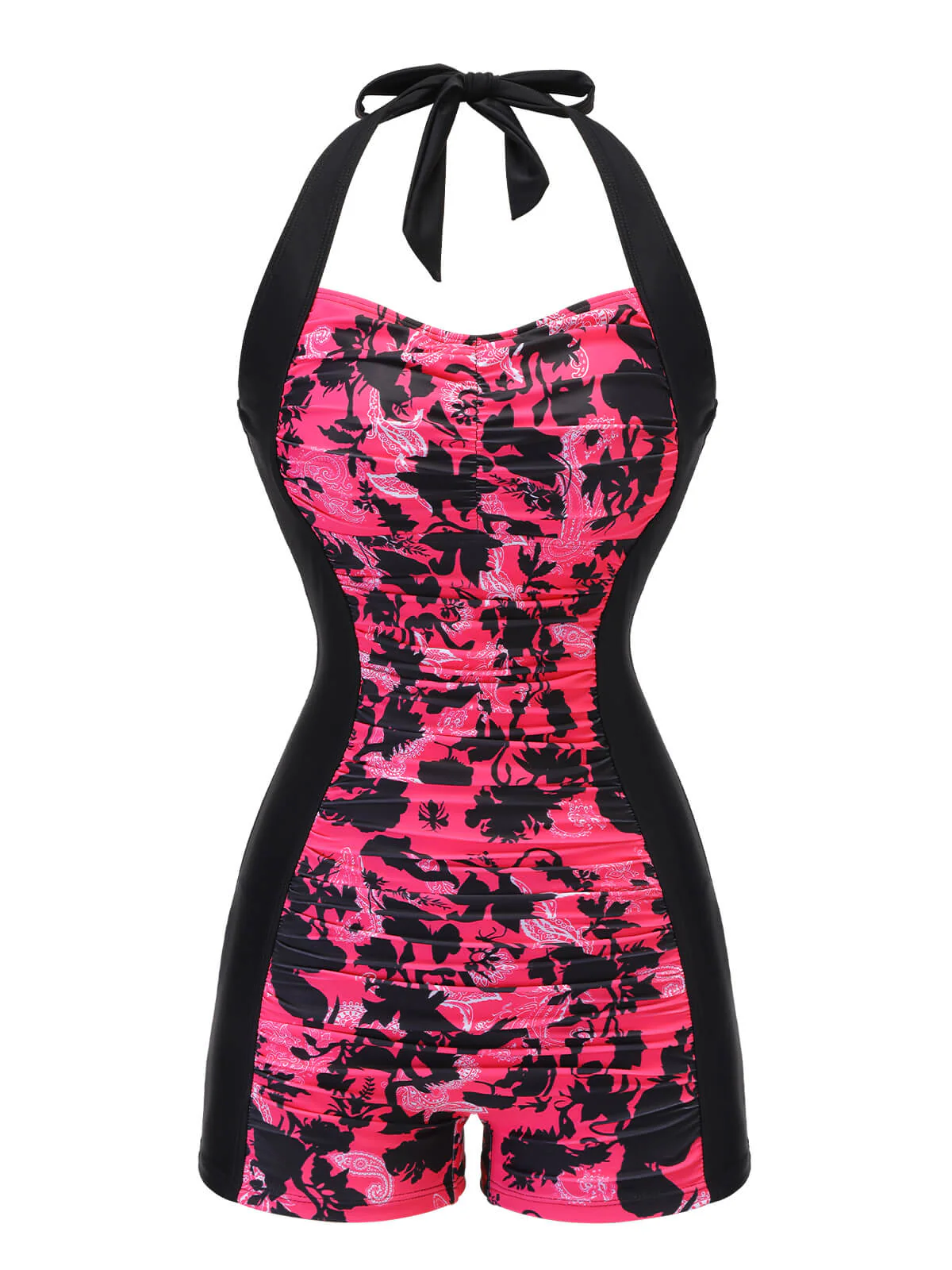 Black & Pink 1950s Floral Halter Swimsuit - Image 2