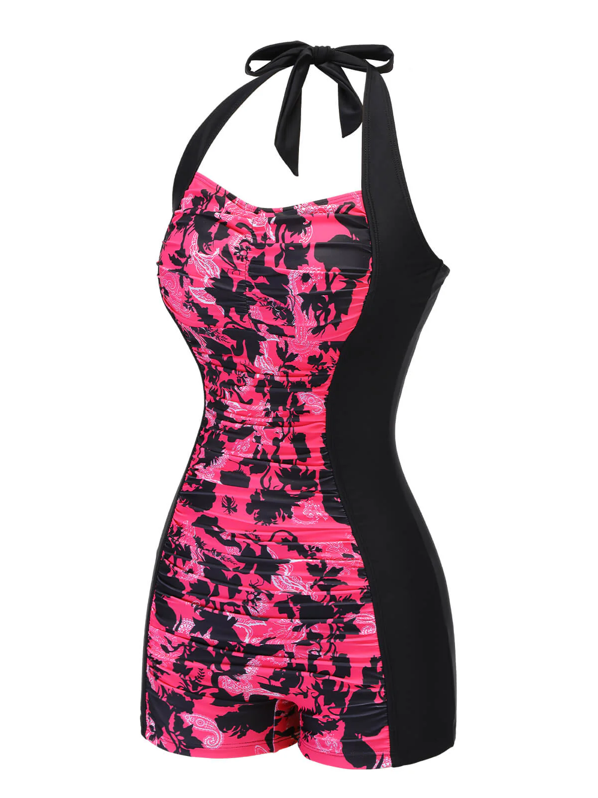 Black & Pink 1950s Floral Halter Swimsuit - Image 3