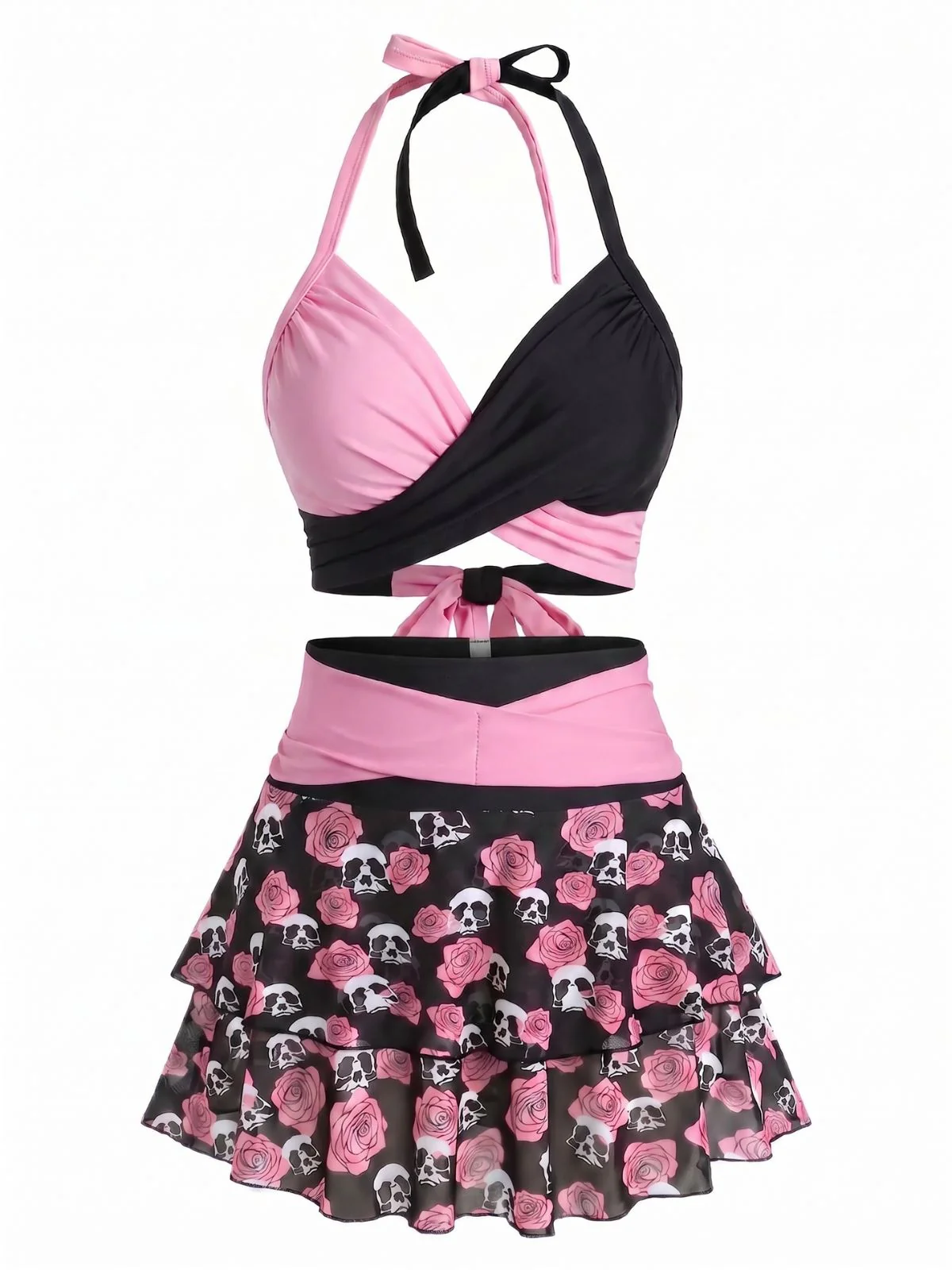 Black & Red 1980s Gothic Skull Rose Halter Skirt Swimsuit - Image 5