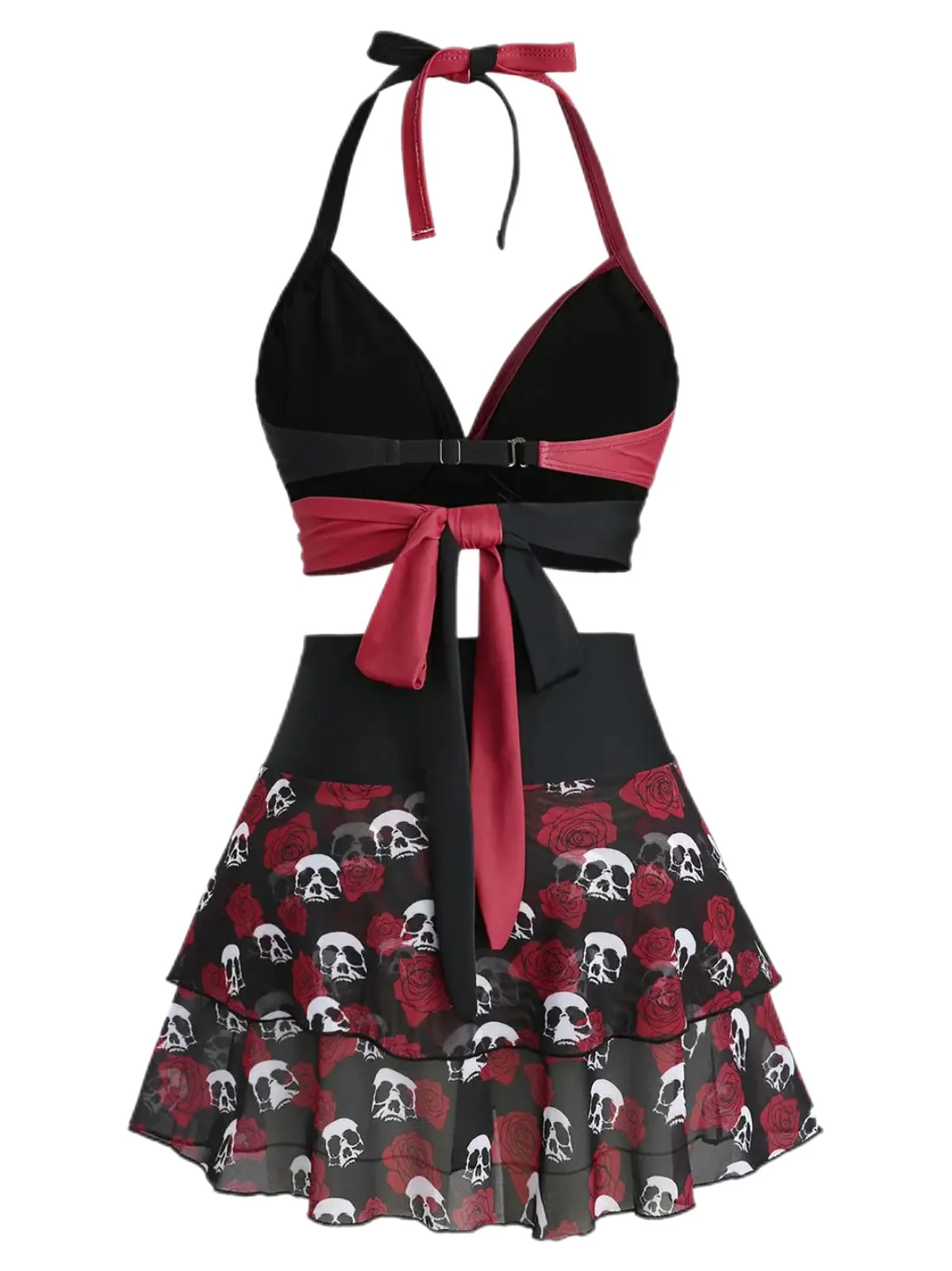 Black & Red 1980s Gothic Skull Rose Halter Skirt Swimsuit - Image 2