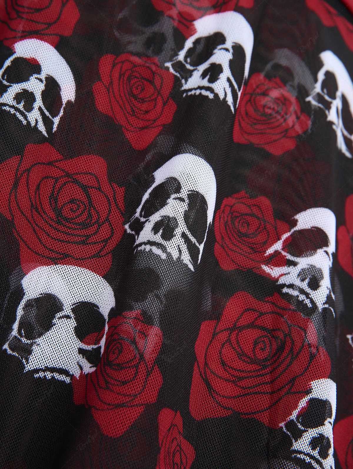 Black & Red 1980s Gothic Skull Rose Halter Skirt Swimsuit - Image 3