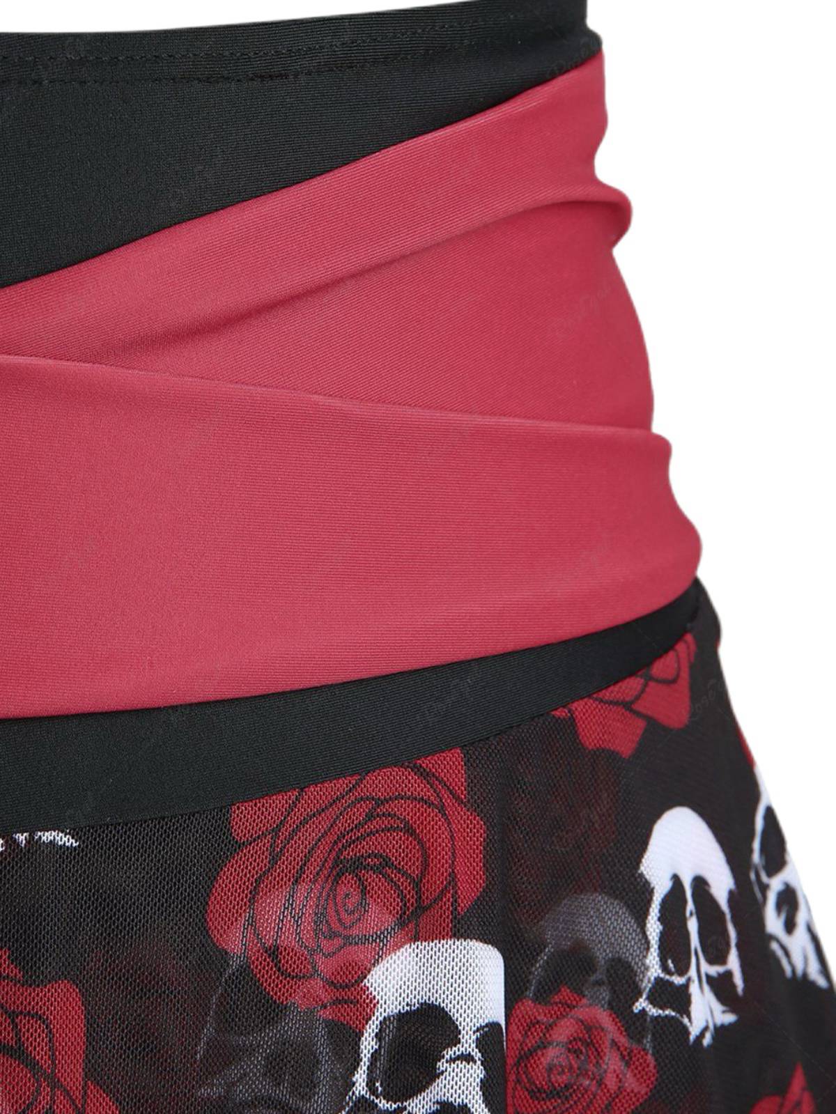 Black & Red 1980s Gothic Skull Rose Halter Skirt Swimsuit - Image 4