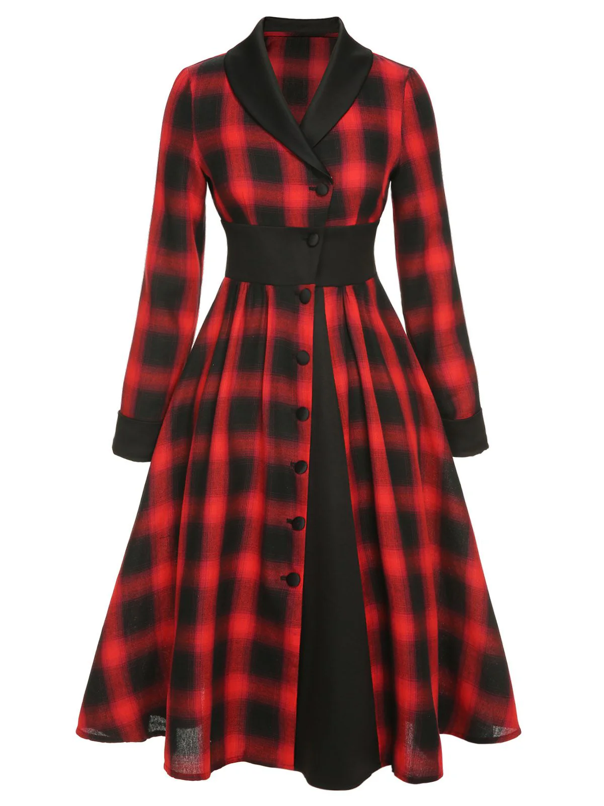 Black&Red 1950s Gingham Plaid Button Lapel Dress - Image 2