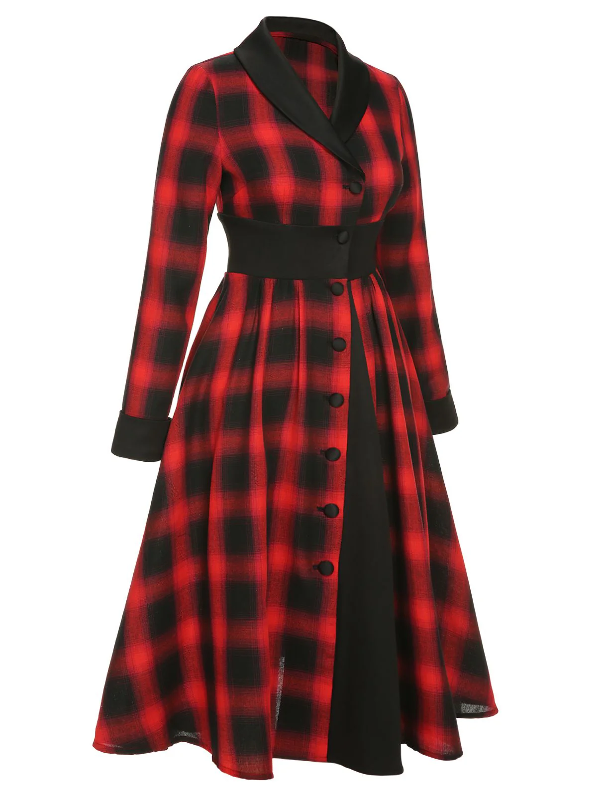 Black&Red 1950s Gingham Plaid Button Lapel Dress - Image 3