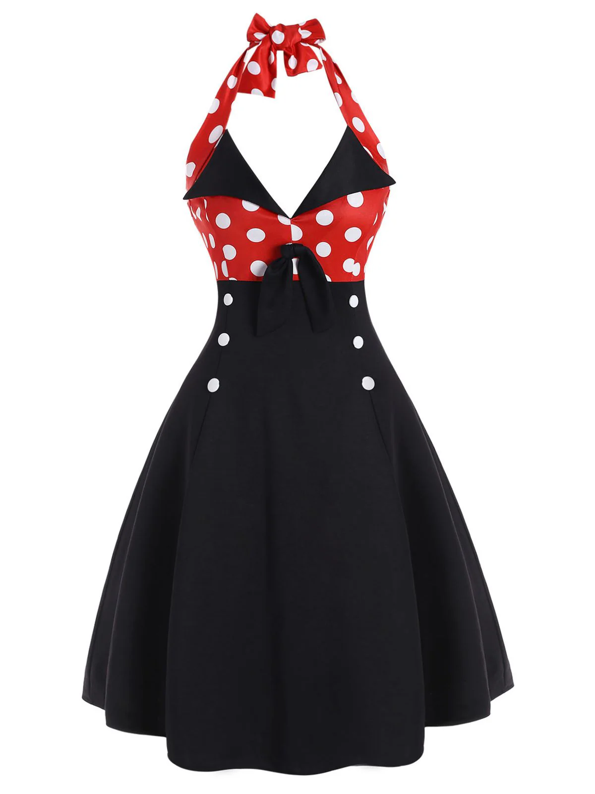 Black Red 1950s Halter Dot Swing Dress With Accessories Set - Image 2