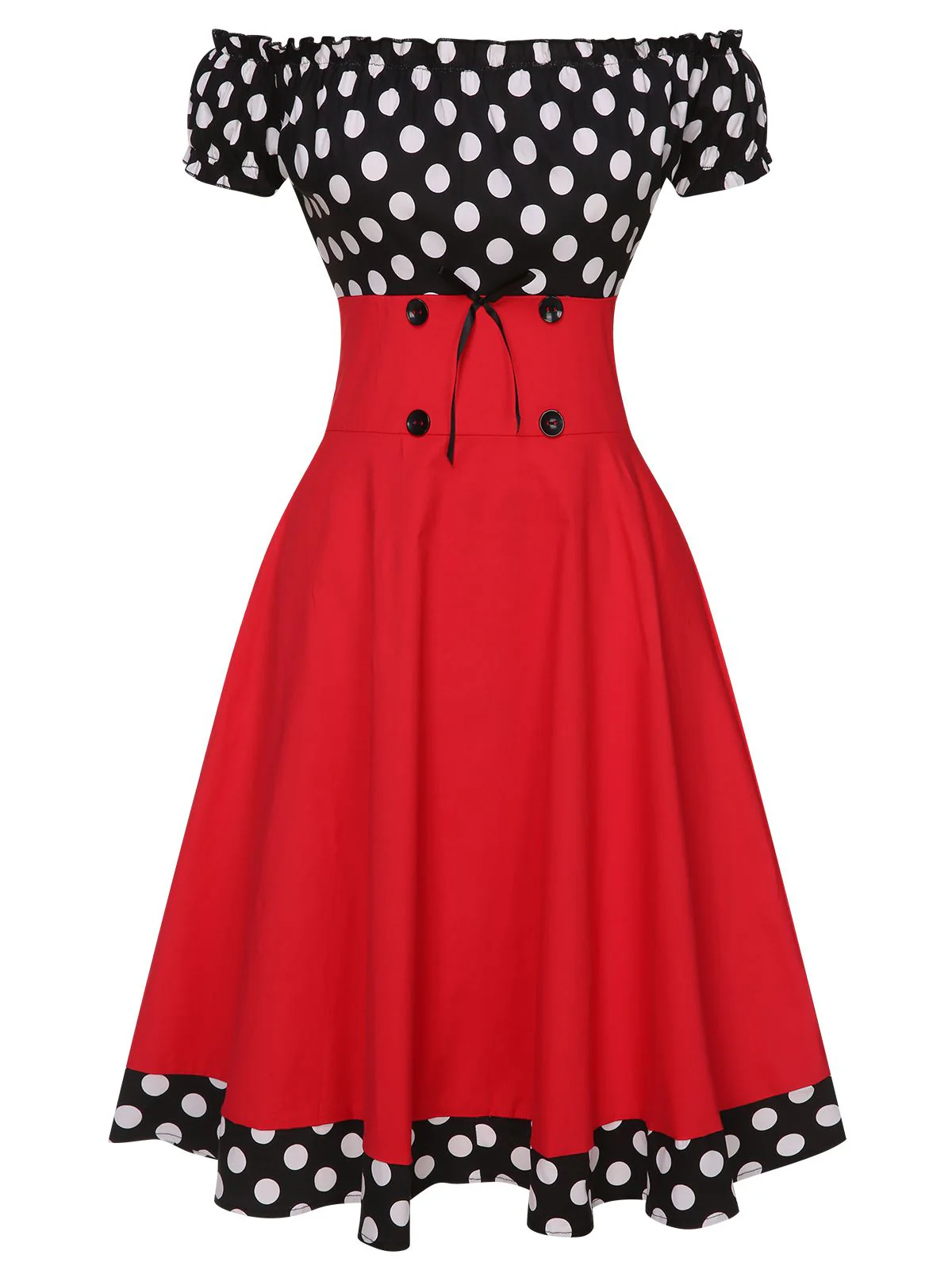 Black & Red 1950s Polka Dots Off Shoulder Dress With Accessories Set - Image 2