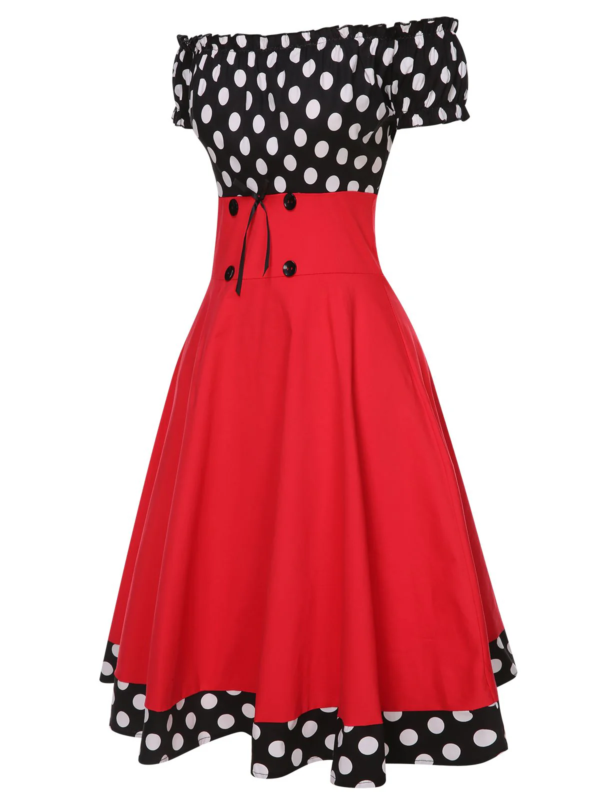 Black & Red 1950s Polka Dots Off Shoulder Dress With Accessories Set - Image 3