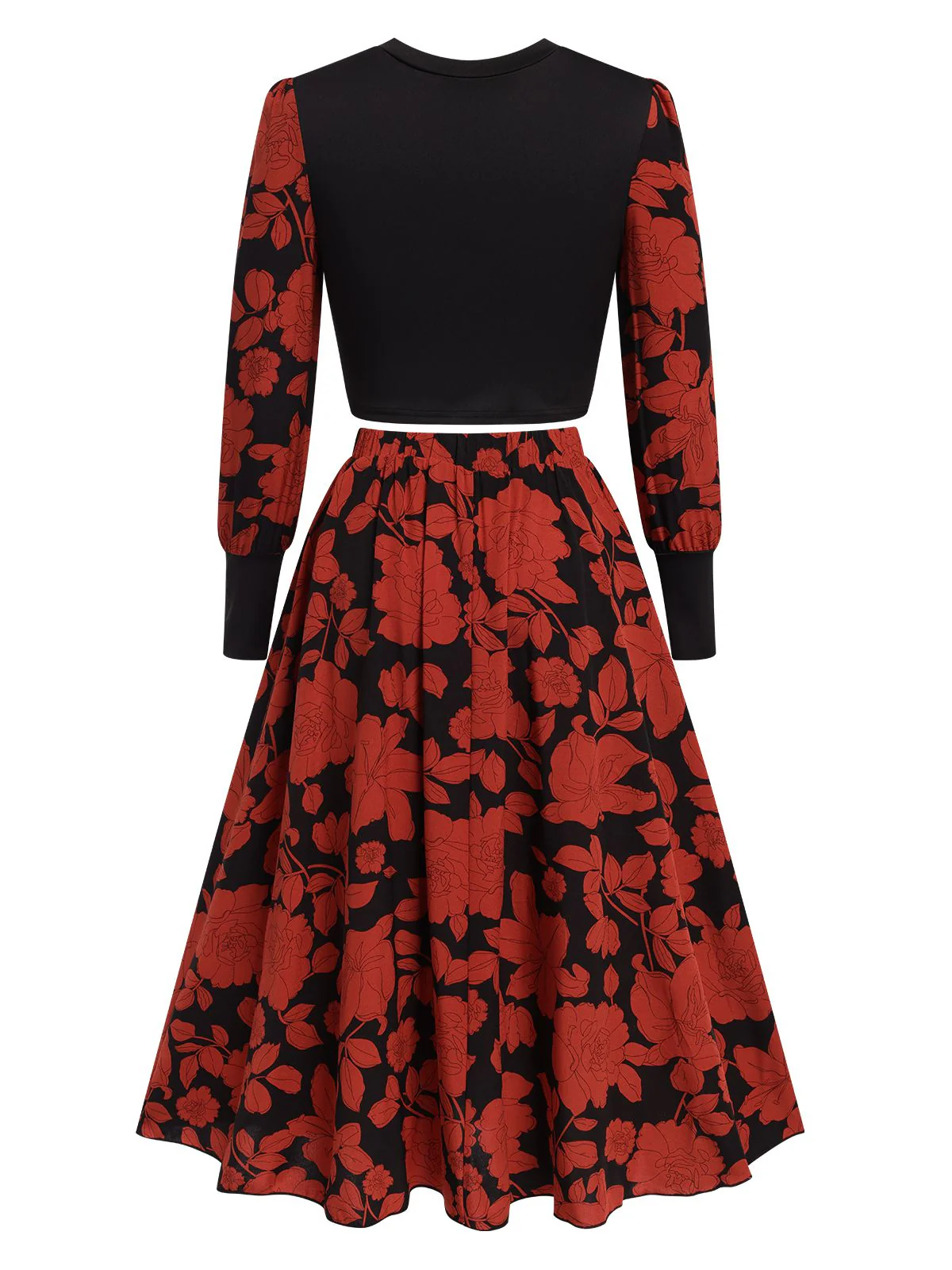 Black&Red 1980s Floral Long Sleeves Top&Skirt - Image 2