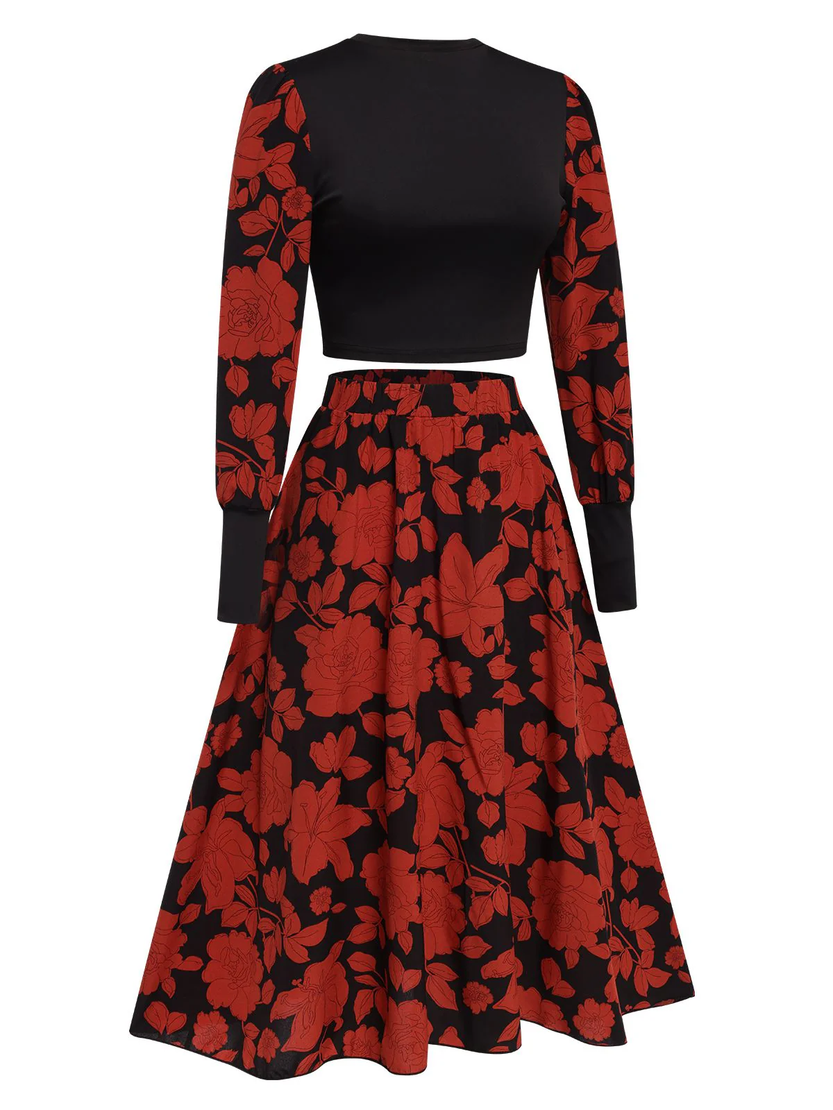 Black&Red 1980s Floral Long Sleeves Top&Skirt - Image 3