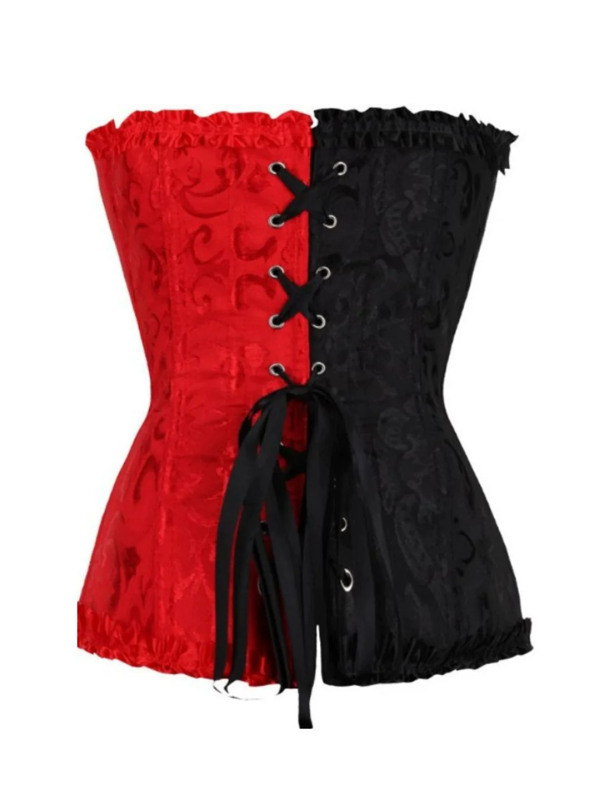 Black & Red 1980s Gothic Colorblock Jacquard Ruffled Corset - Image 2