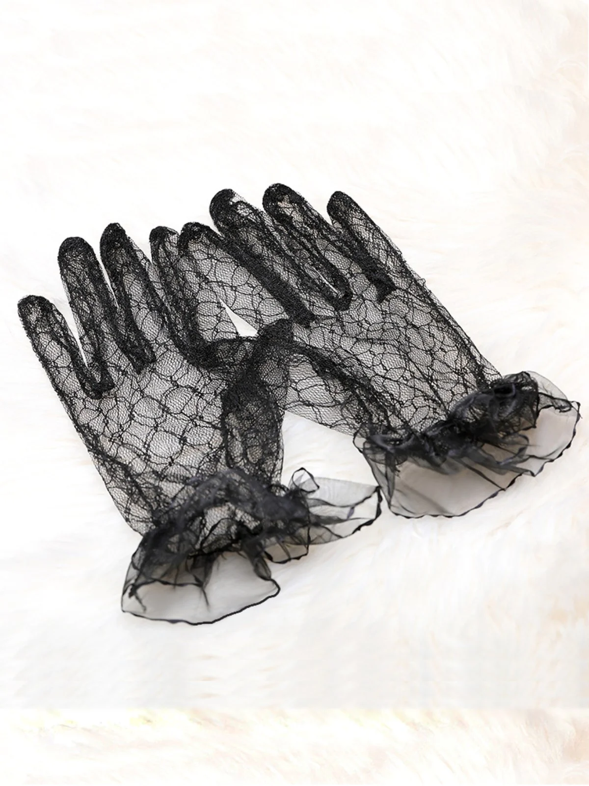 Black Retro Lace Sheer Gloves - Image 2