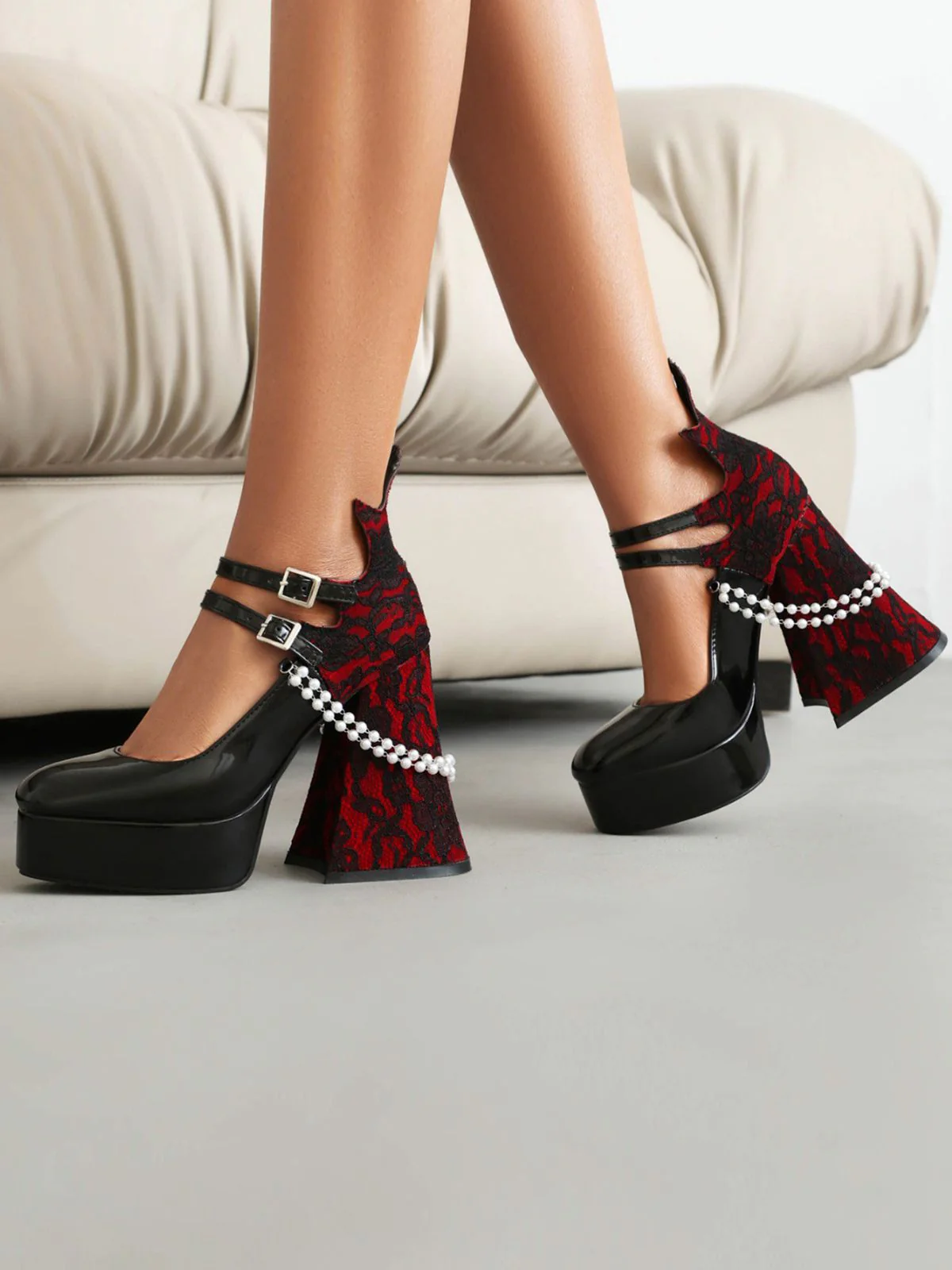 Black Retro Pearl Lace Gothic High Heel Shoes - Image 3