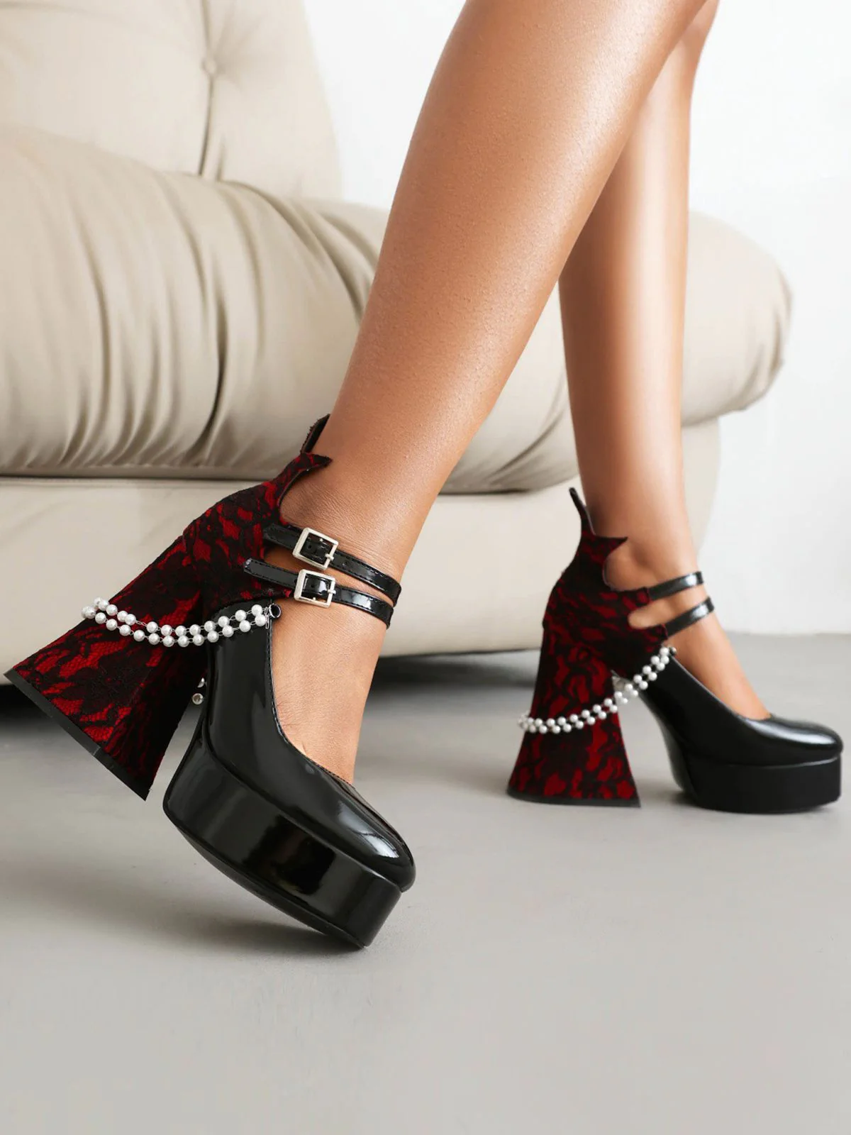 Black Retro Pearl Lace Gothic High Heel Shoes - Image 6