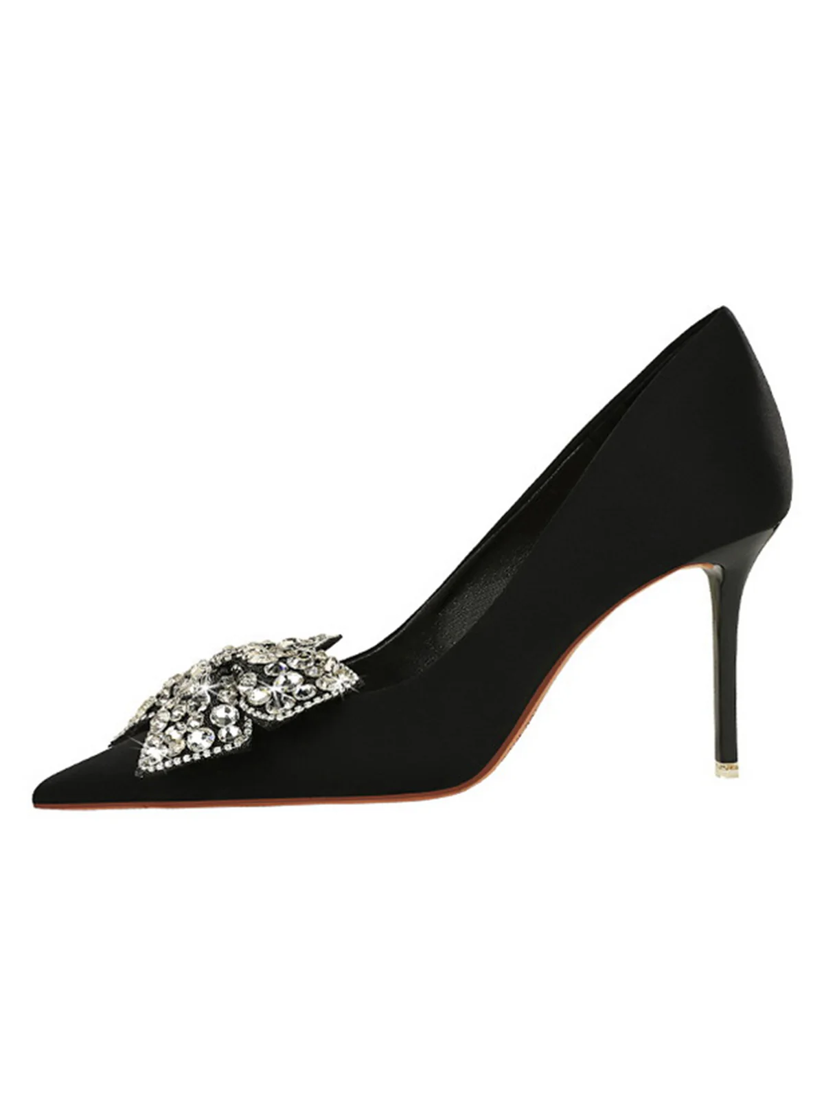 Black Rhinestone Satin Pointed Toe Stiletto Heels - Image 2