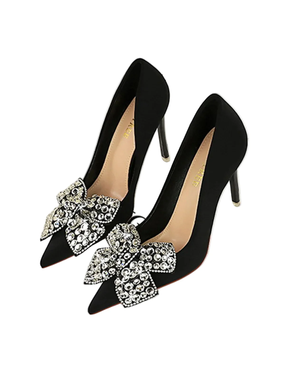 Black Rhinestone Satin Pointed Toe Stiletto Heels - Image 3