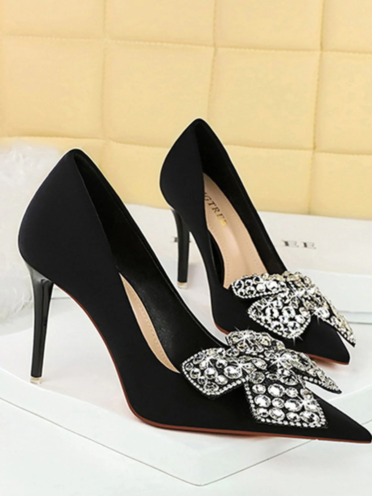 Black Rhinestone Satin Pointed Toe Stiletto Heels - Image 4