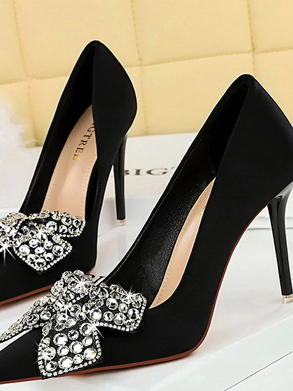 Black Rhinestone Satin Pointed Toe Stiletto Heels - Image 5