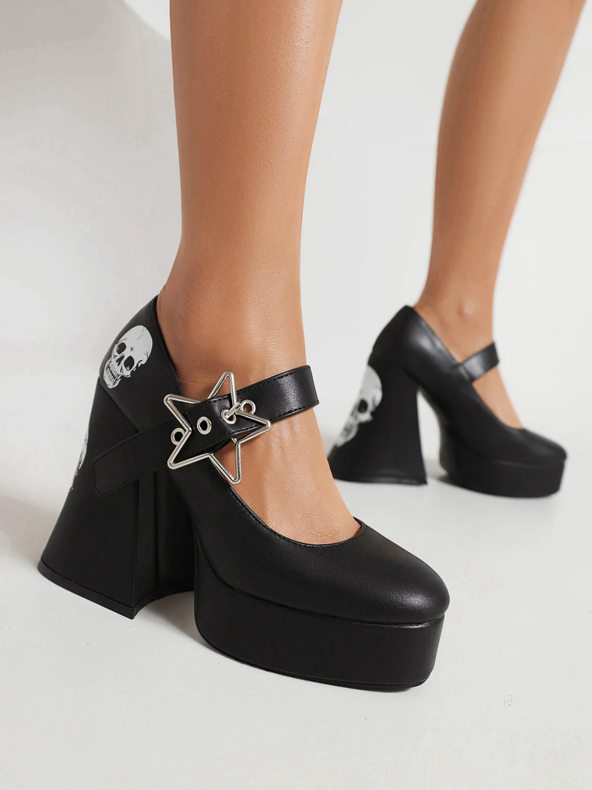 Black Skull Buckle Strap Platform Chunky Shoes - Image 4