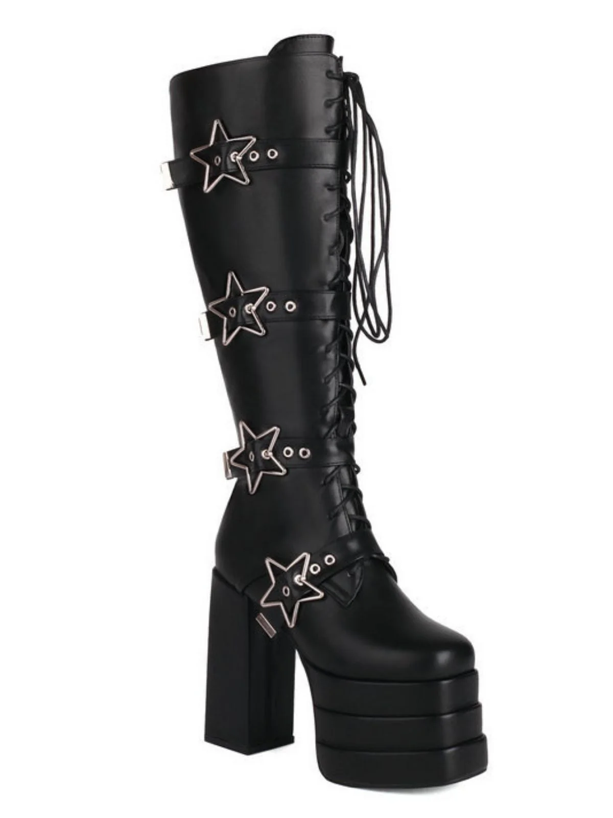 Black Star Button Gothic Platform High Heels Boots - Image 2