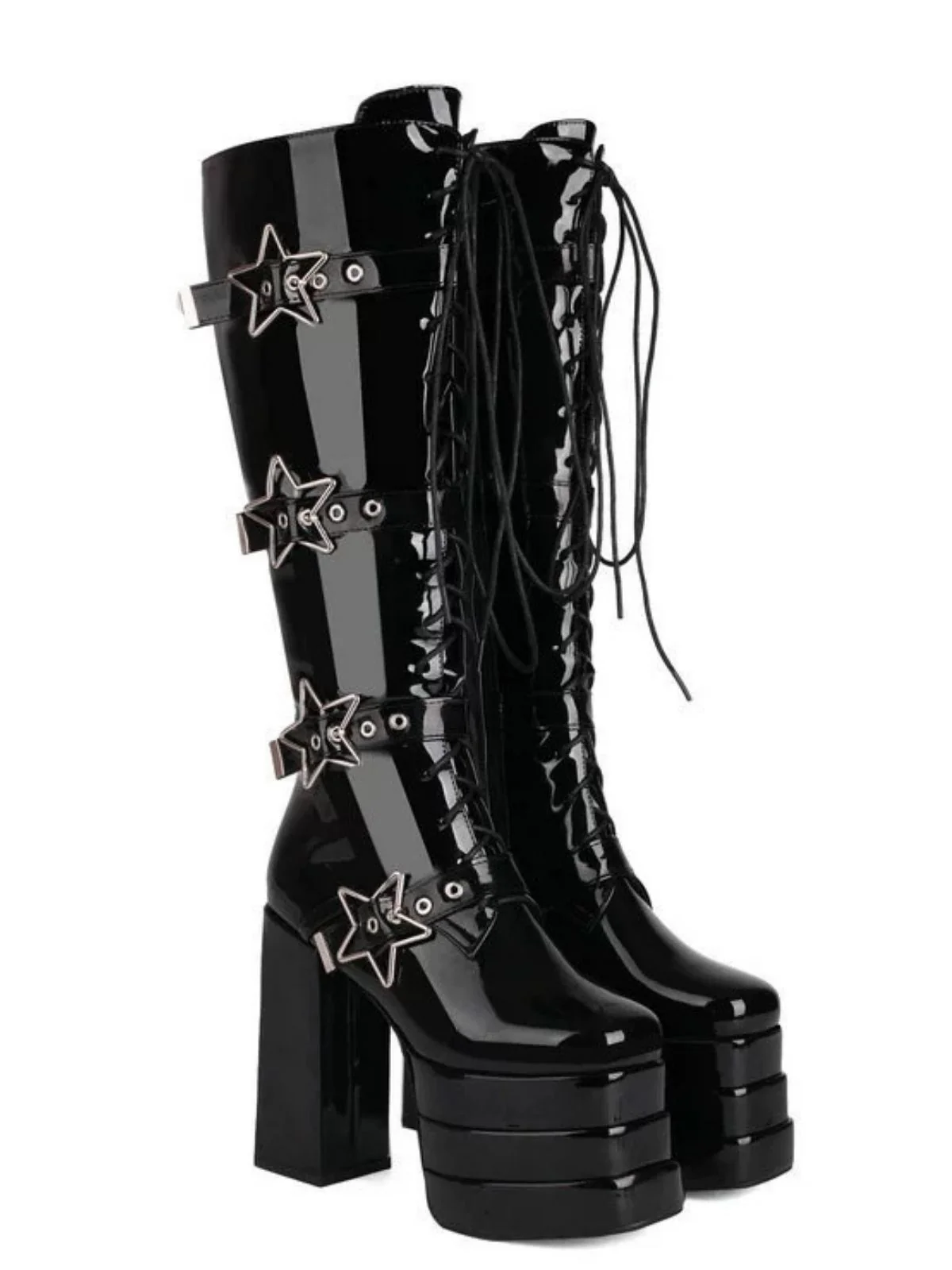 Black Star Button Gothic Platform High Heels Boots - Image 7