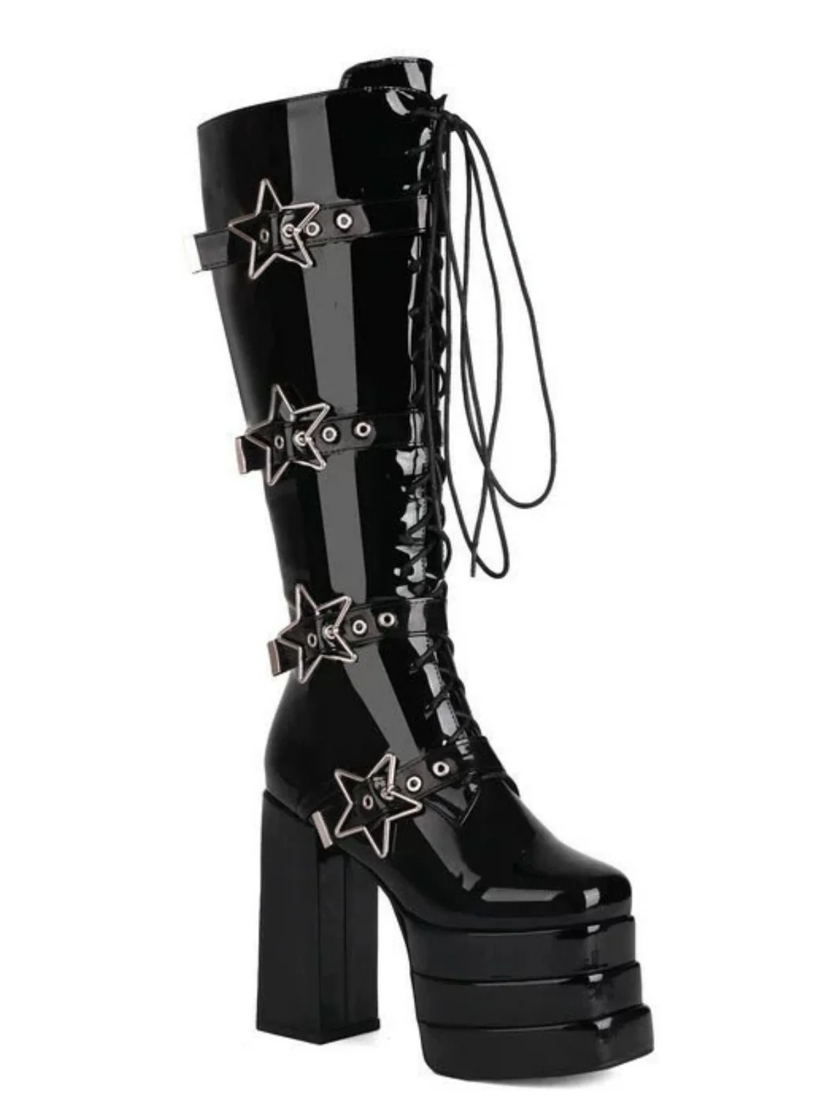 Black Star Button Gothic Platform High Heels Boots - Image 8
