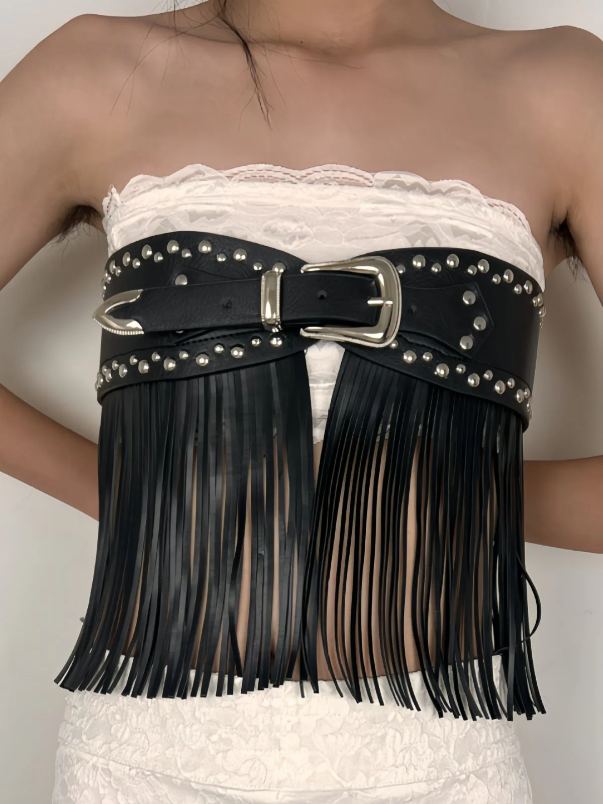 Black Steampunk Rivet Tassel Skirt Belt - Image 3