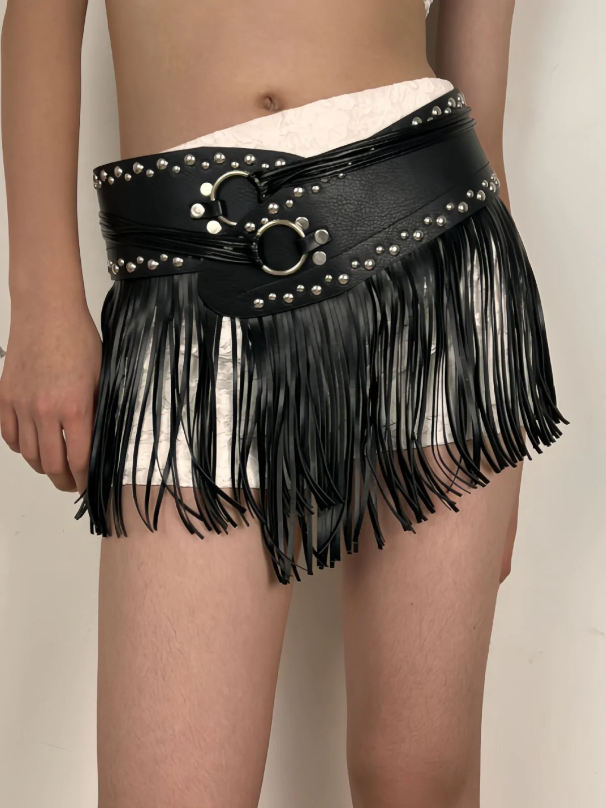 Black Steampunk Rivet Tassel Skirt Belt - Image 4