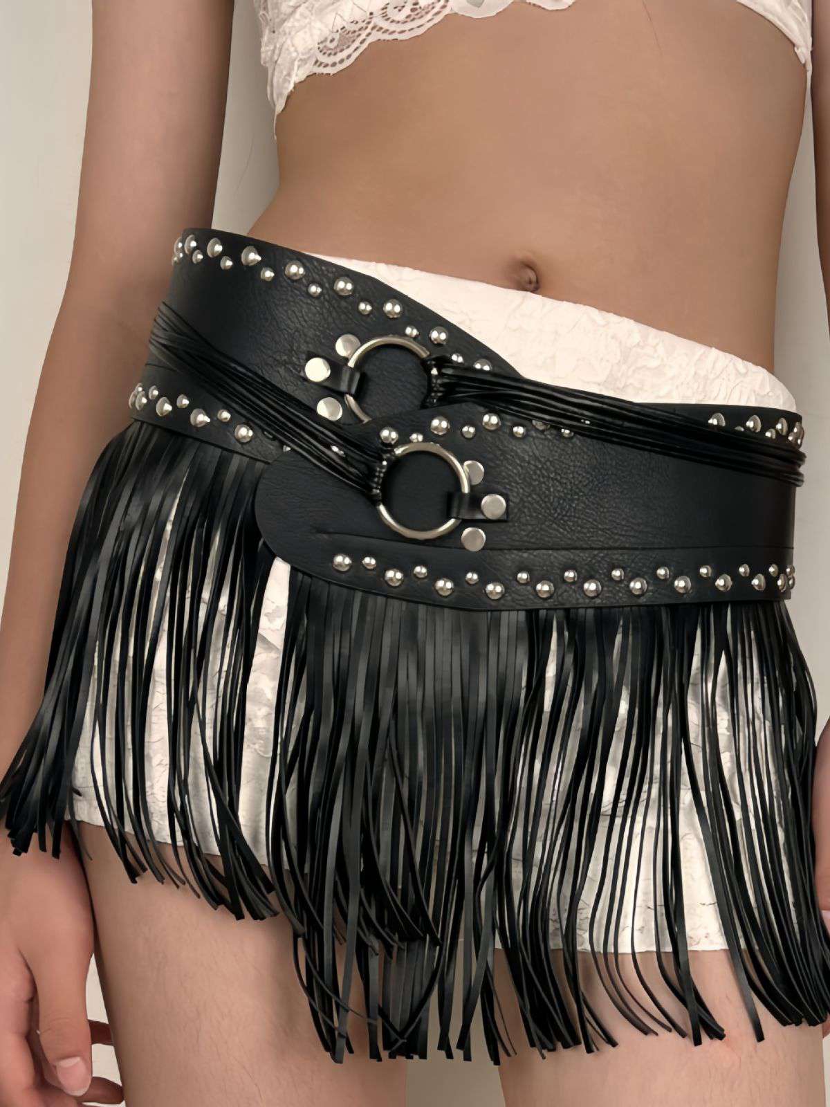 Black Steampunk Rivet Tassel Skirt Belt - Image 5