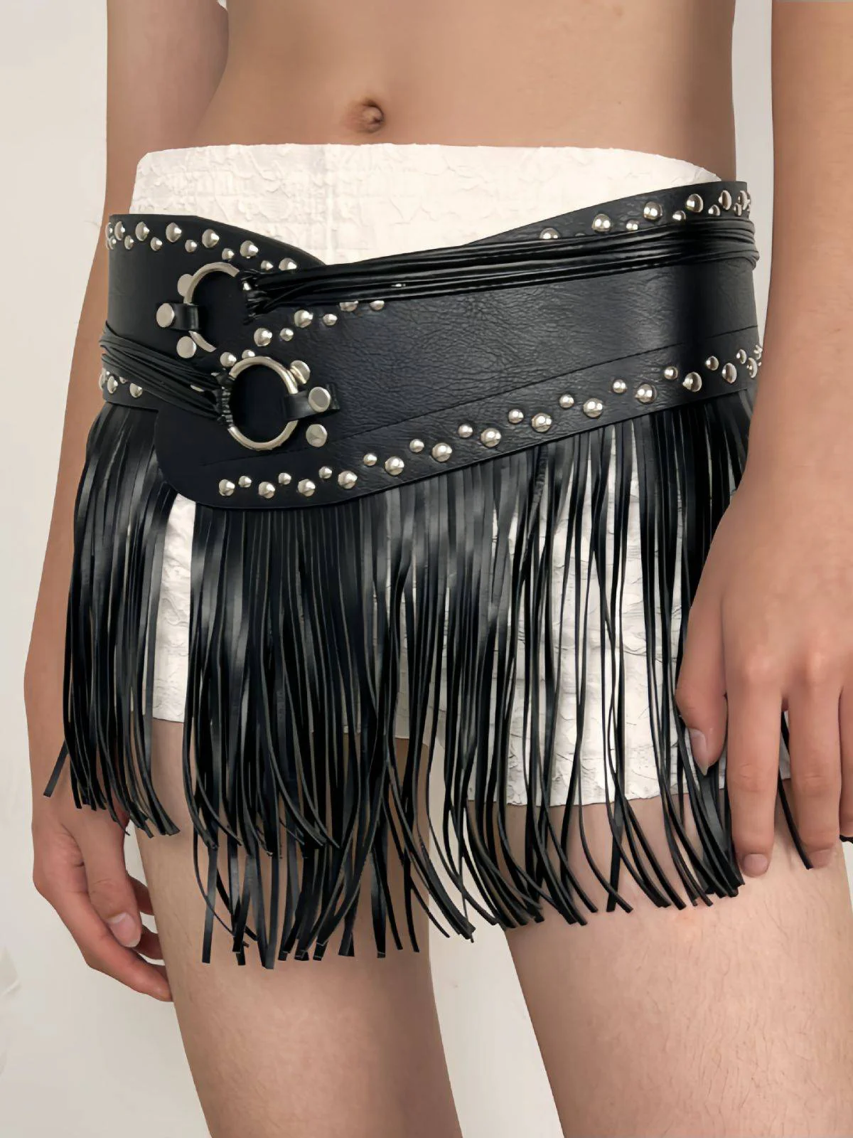 Black Steampunk Rivet Tassel Skirt Belt - Image 6