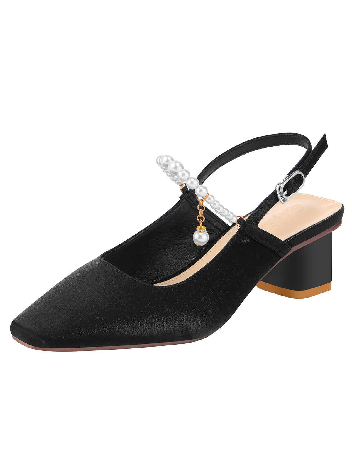 Black Velvet Satin Pearl Chunky Heel Shoes - Image 3