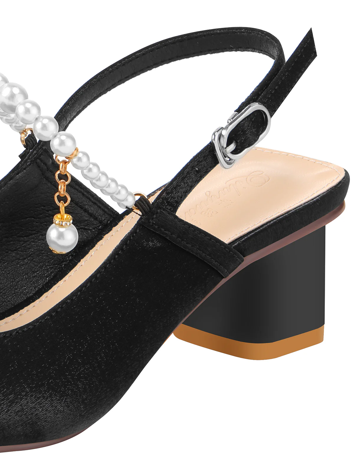 Black Velvet Satin Pearl Chunky Heel Shoes - Image 5