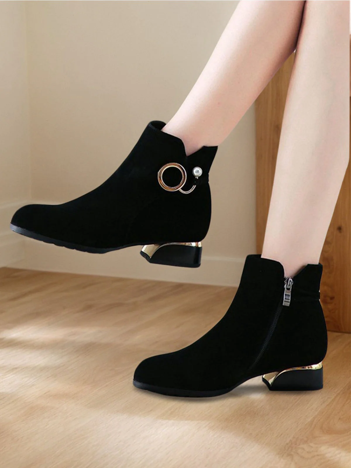 Black Vintage Suede Pearl Ankle Boots - Image 2