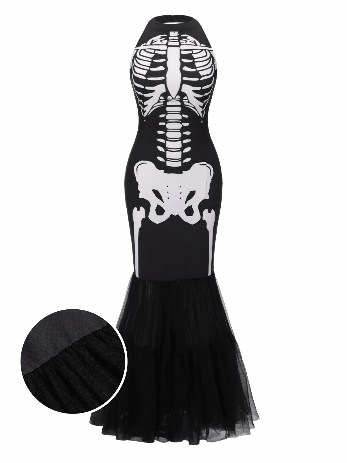 Black & White 1930s Halter Skull Mesh Fishtail Dress - Image 2