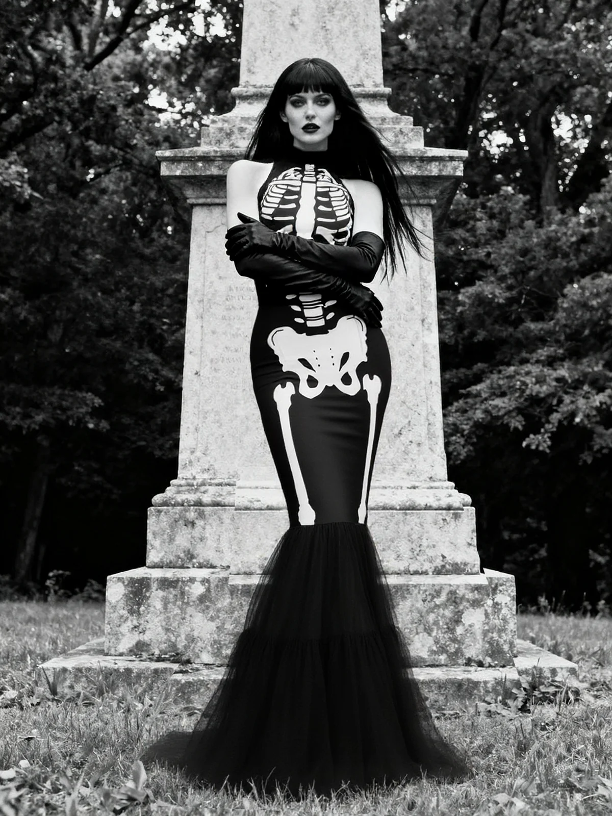 Black & White 1930s Halter Skull Mesh Fishtail Dress - Image 3