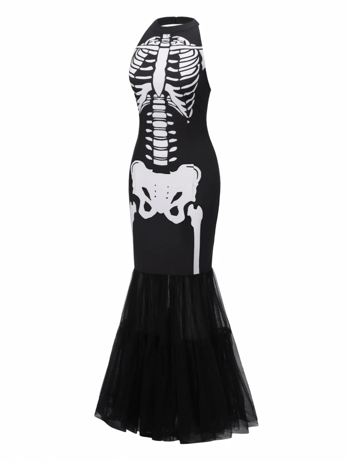 Black & White 1930s Halter Skull Mesh Fishtail Dress - Image 4