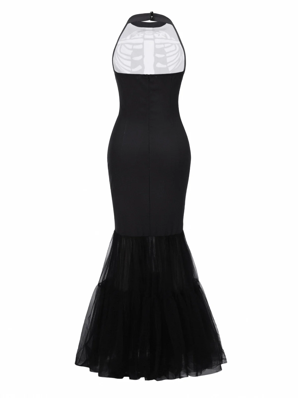 Black & White 1930s Halter Skull Mesh Fishtail Dress - Image 5
