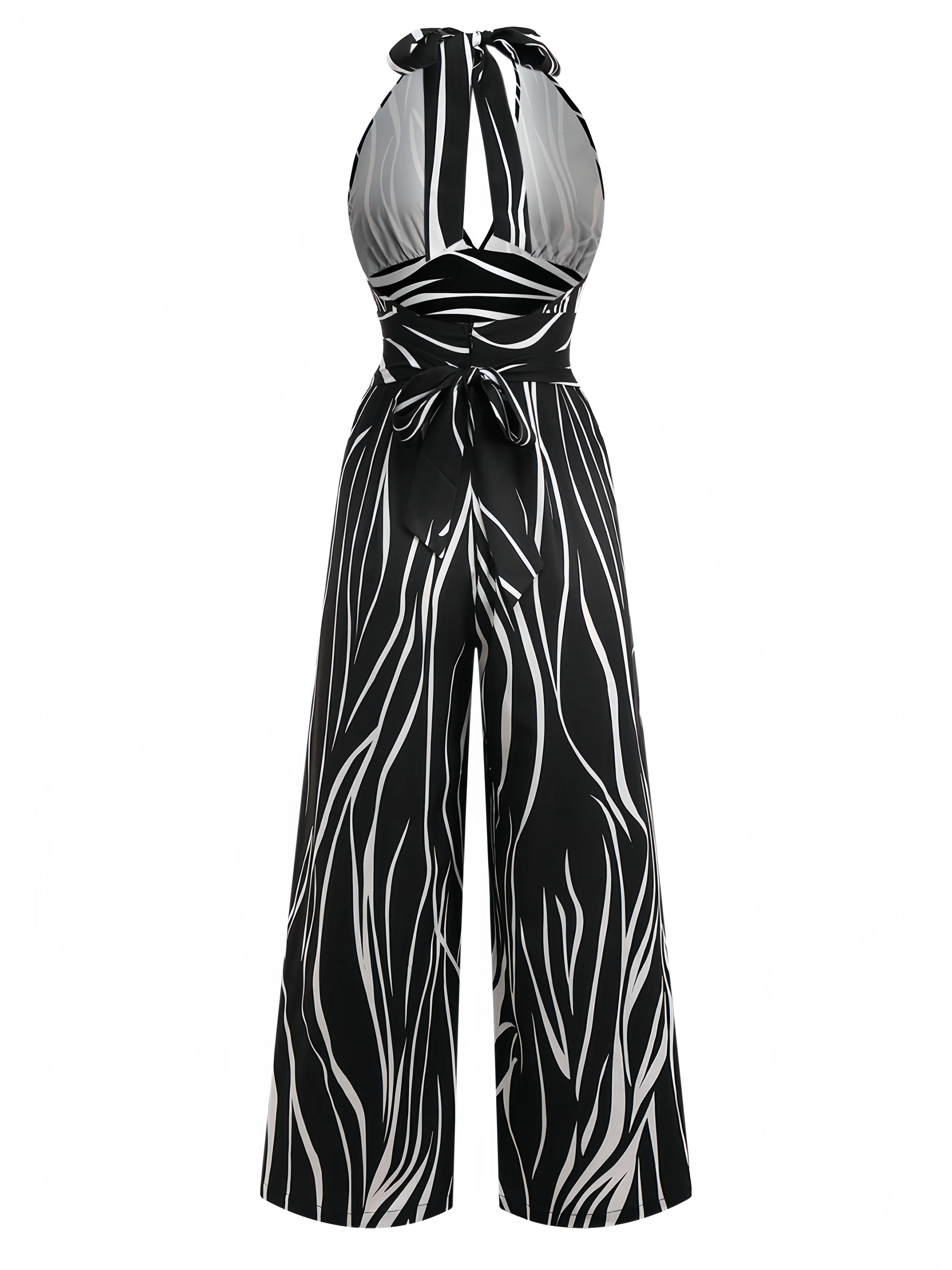Black & White 1930s Irregular Print Halter Jumpsuit - Image 2