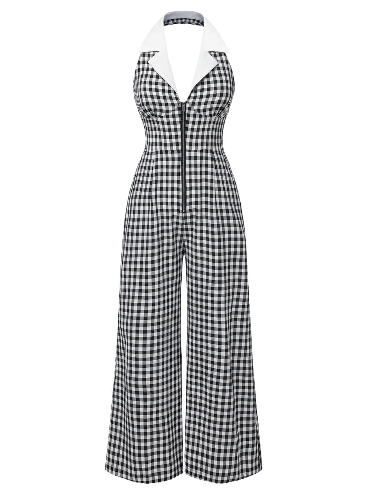Black White 1940s Plaid Lapel Halter Jumpsuit - Image 2
