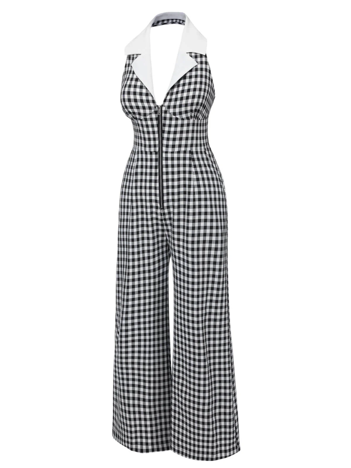 Black White 1940s Plaid Lapel Halter Jumpsuit - Image 3